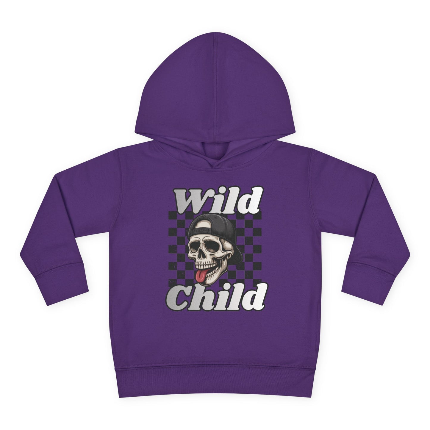 Kids Pullover Fleece Hoodie - Toddler Wild Child Tongue-Out Skull and Checkerboard Design