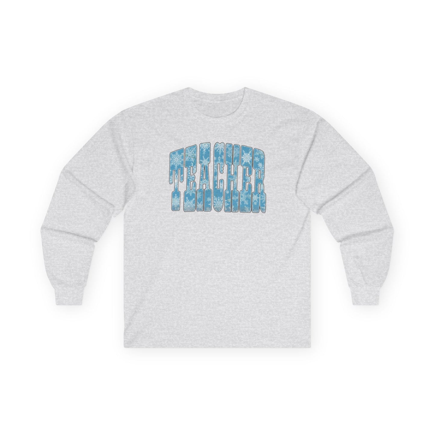 Long Sleeve Tee — "Teacher" Blue Snowflake Typography