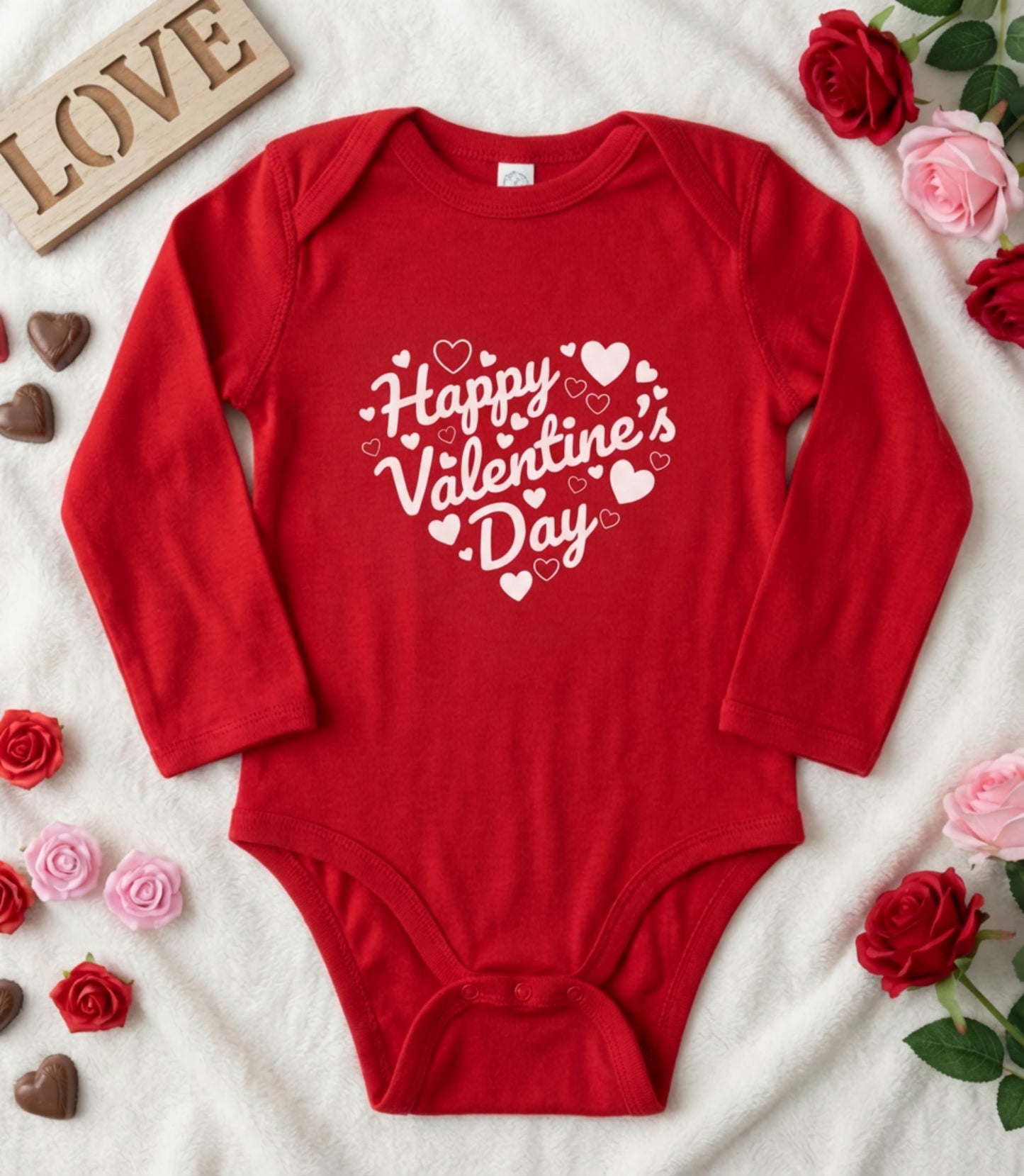 "Happy Valentine’s Day" Heart Long Sleeve Baby Onesie