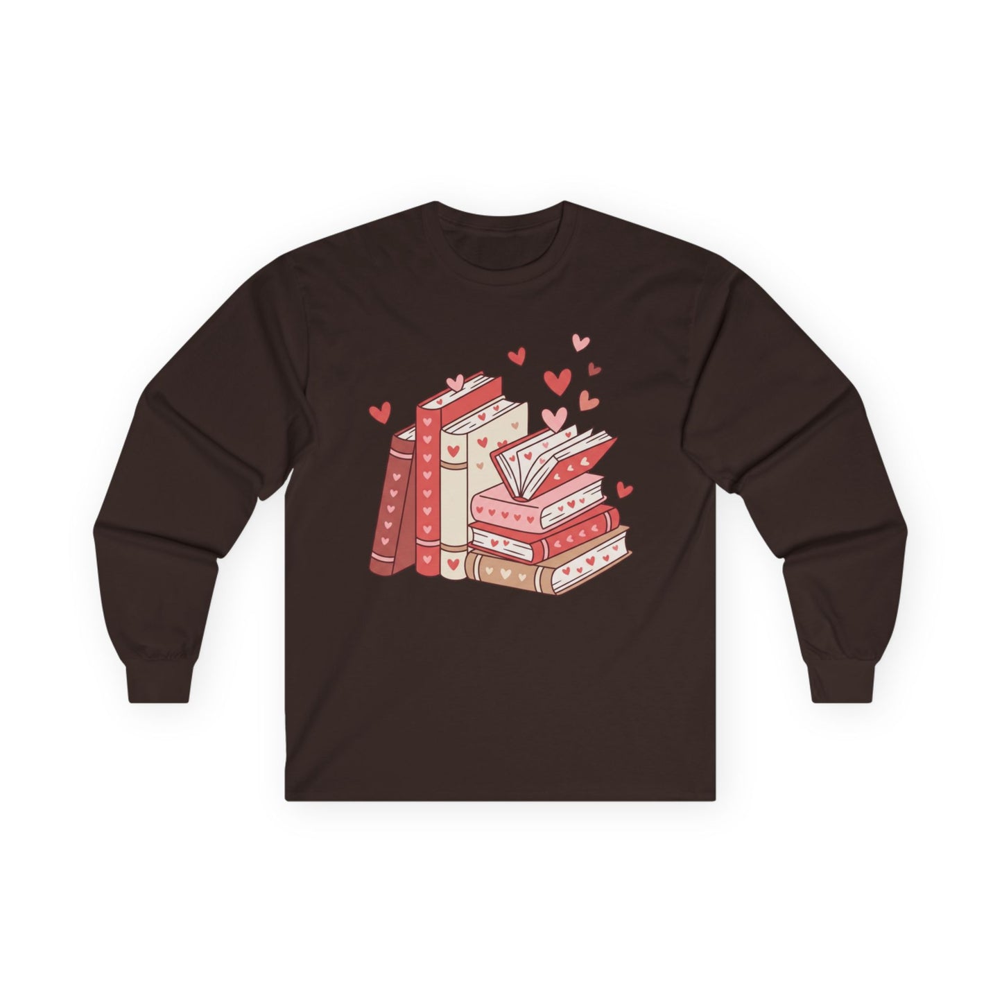 Book Lover Long Sleeve Tee — Cute Stacked Books with Hearts Graphic