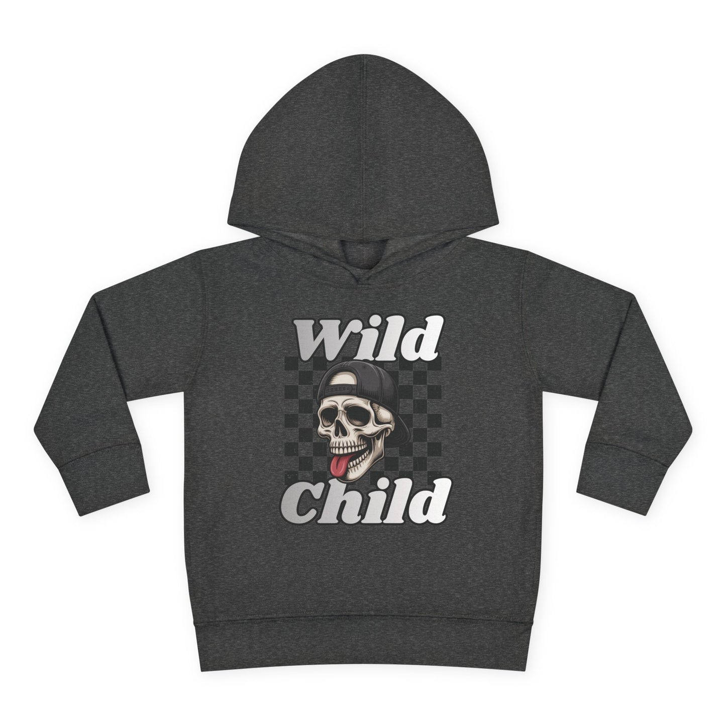 Kids Pullover Fleece Hoodie - Toddler Wild Child Tongue-Out Skull and Checkerboard Design
