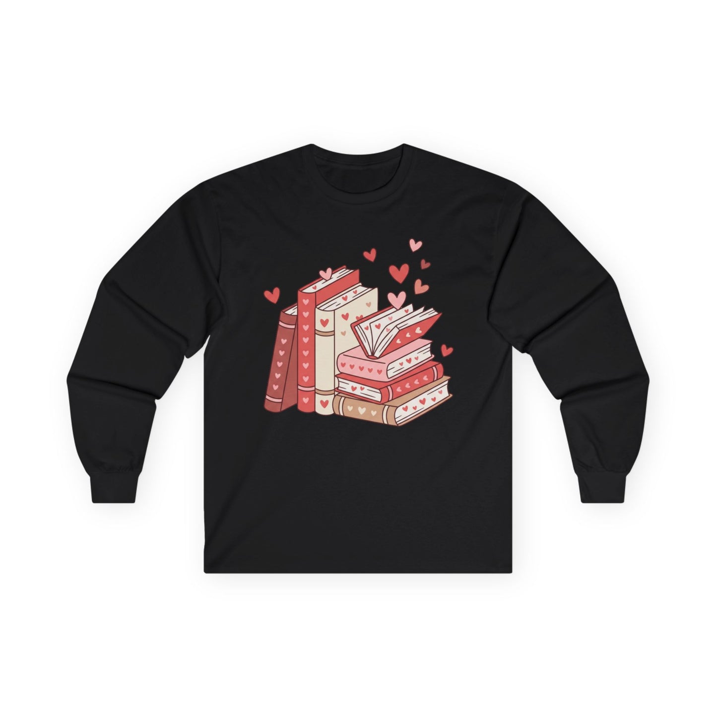 Book Lover Long Sleeve Tee — Cute Stacked Books with Hearts Graphic