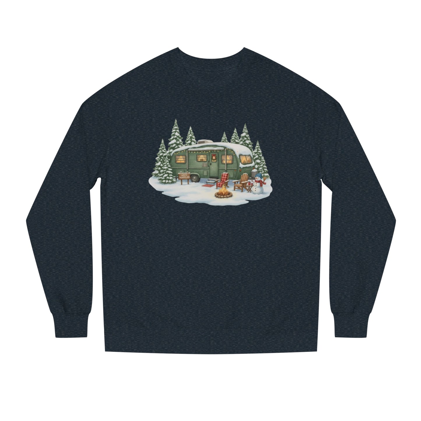 Cozy Winter Camper Sweatshirt — Vintage Trailer Campfire Holiday Crewneck