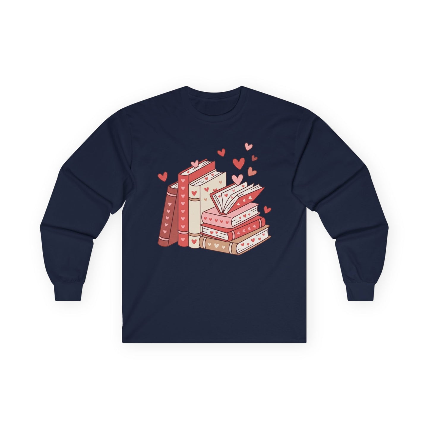 Book Lover Long Sleeve Tee — Cute Stacked Books with Hearts Graphic