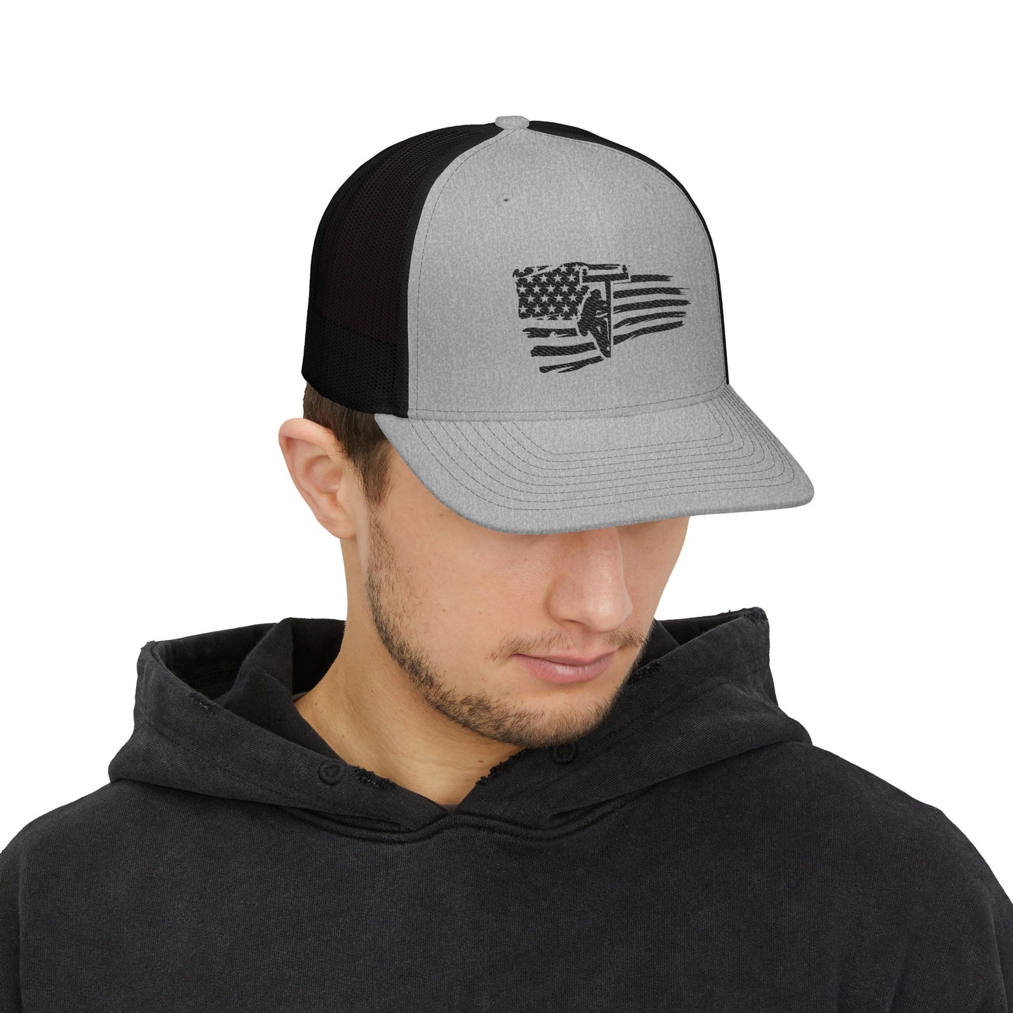 Black & White Trucker Hat with Distressed American Flag Embroidery