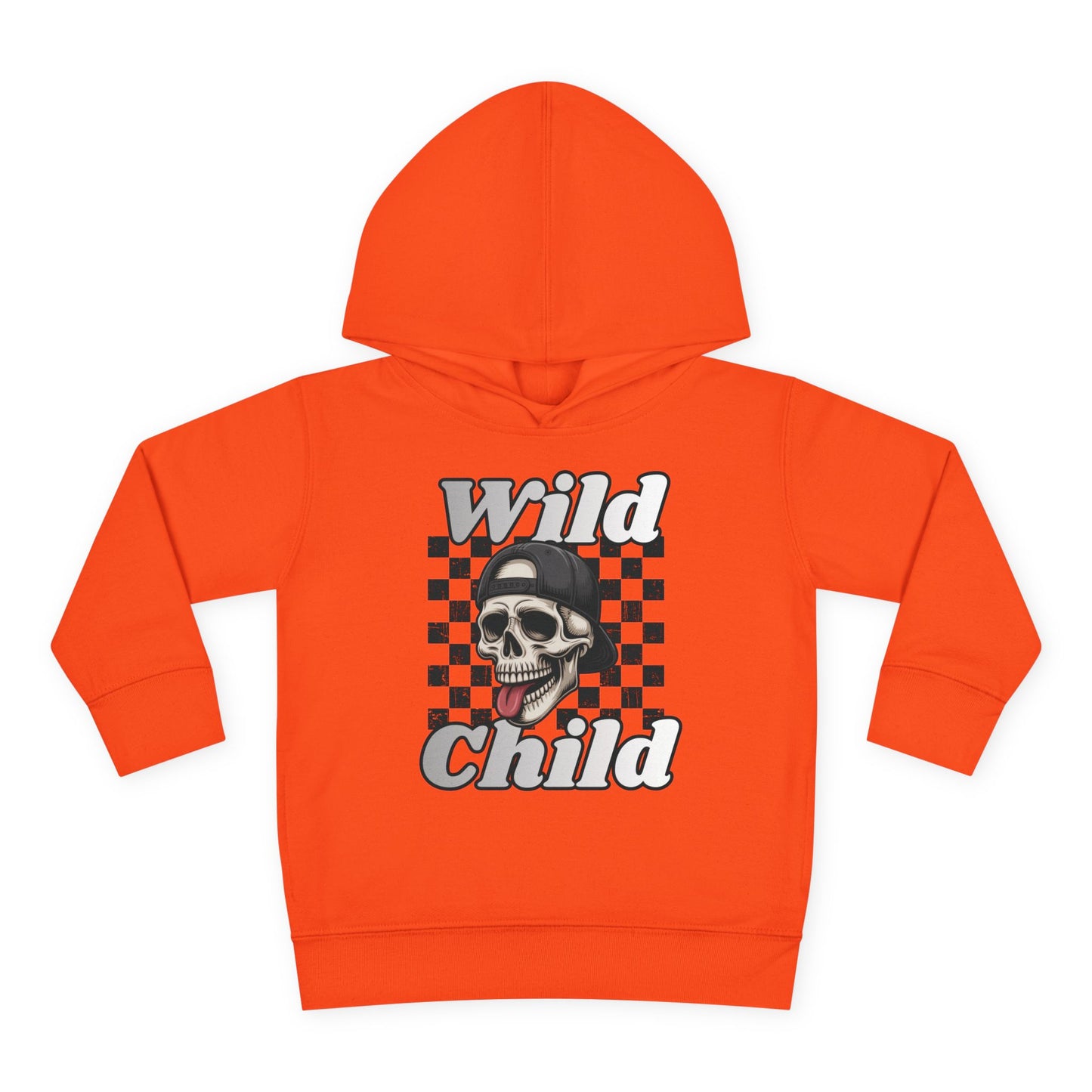 Kids Pullover Fleece Hoodie - Toddler Wild Child Tongue-Out Skull and Checkerboard Design