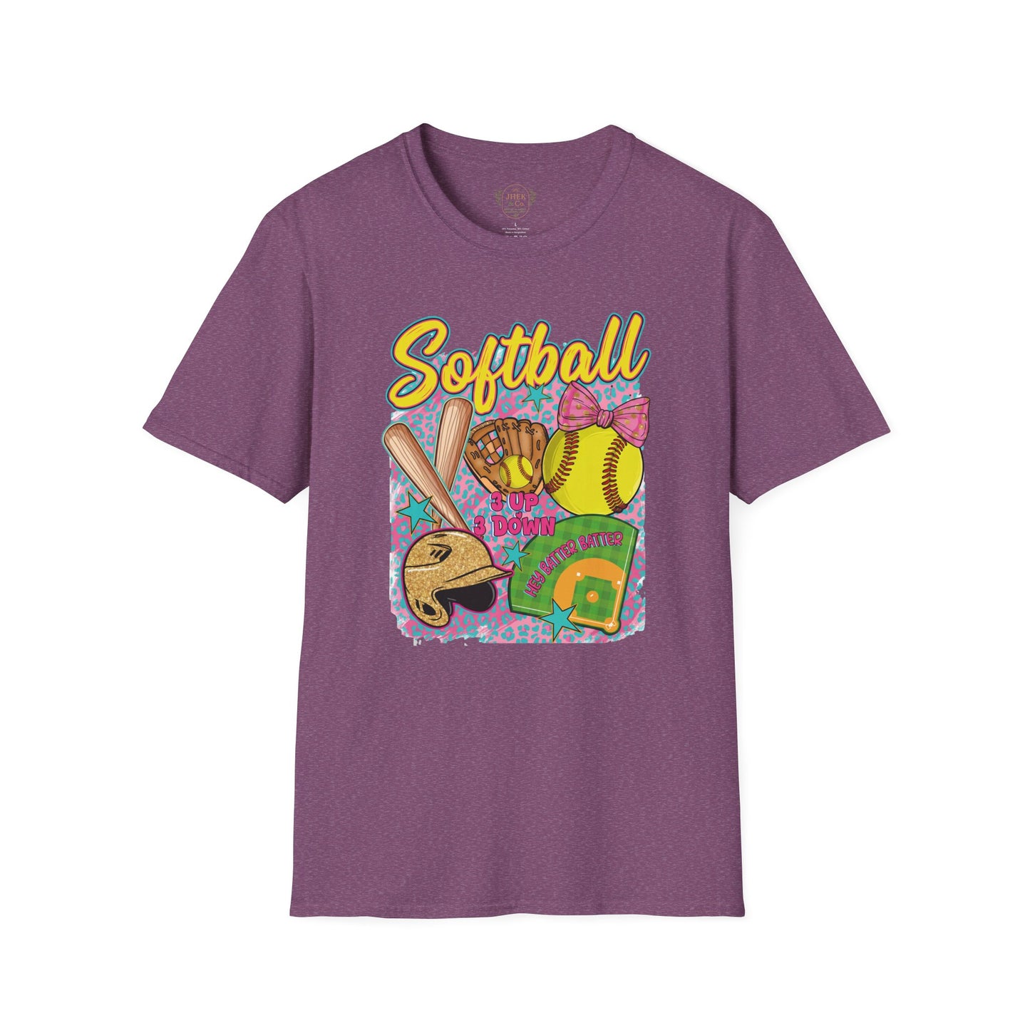 Softball Graphic T-Shirt — Cute Bat, Glove & Field Design