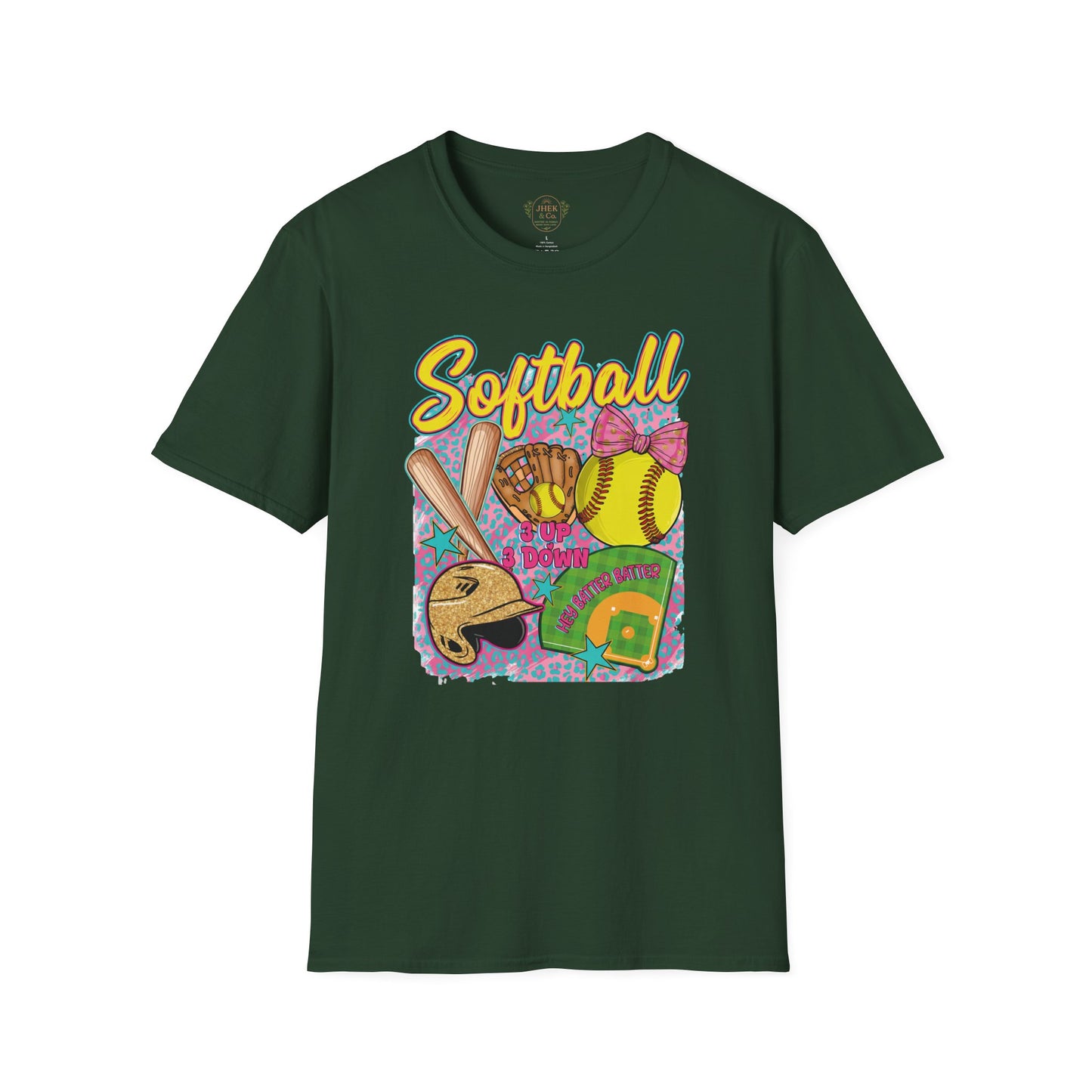 Softball Graphic T-Shirt — Cute Bat, Glove & Field Design