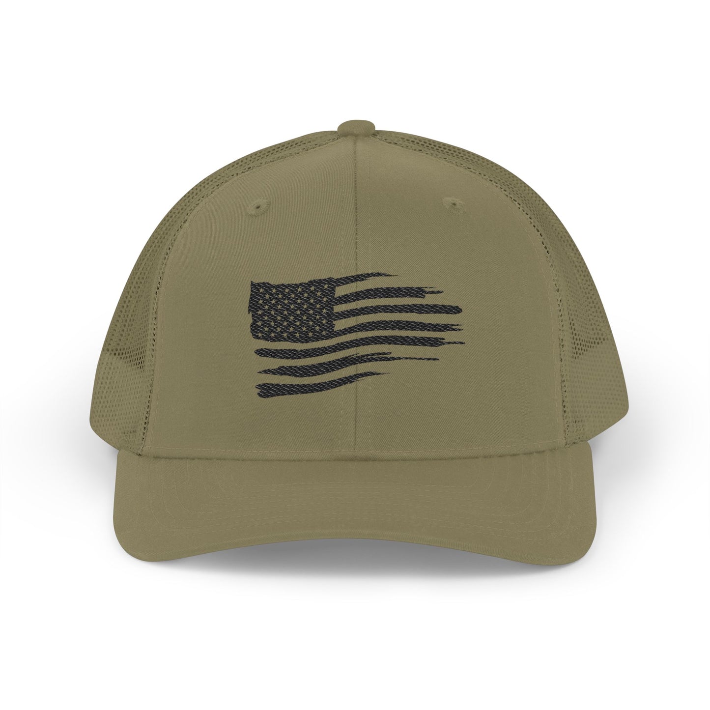Distressed Black American Flag Embroidered Trucker Hat | Richardson 112