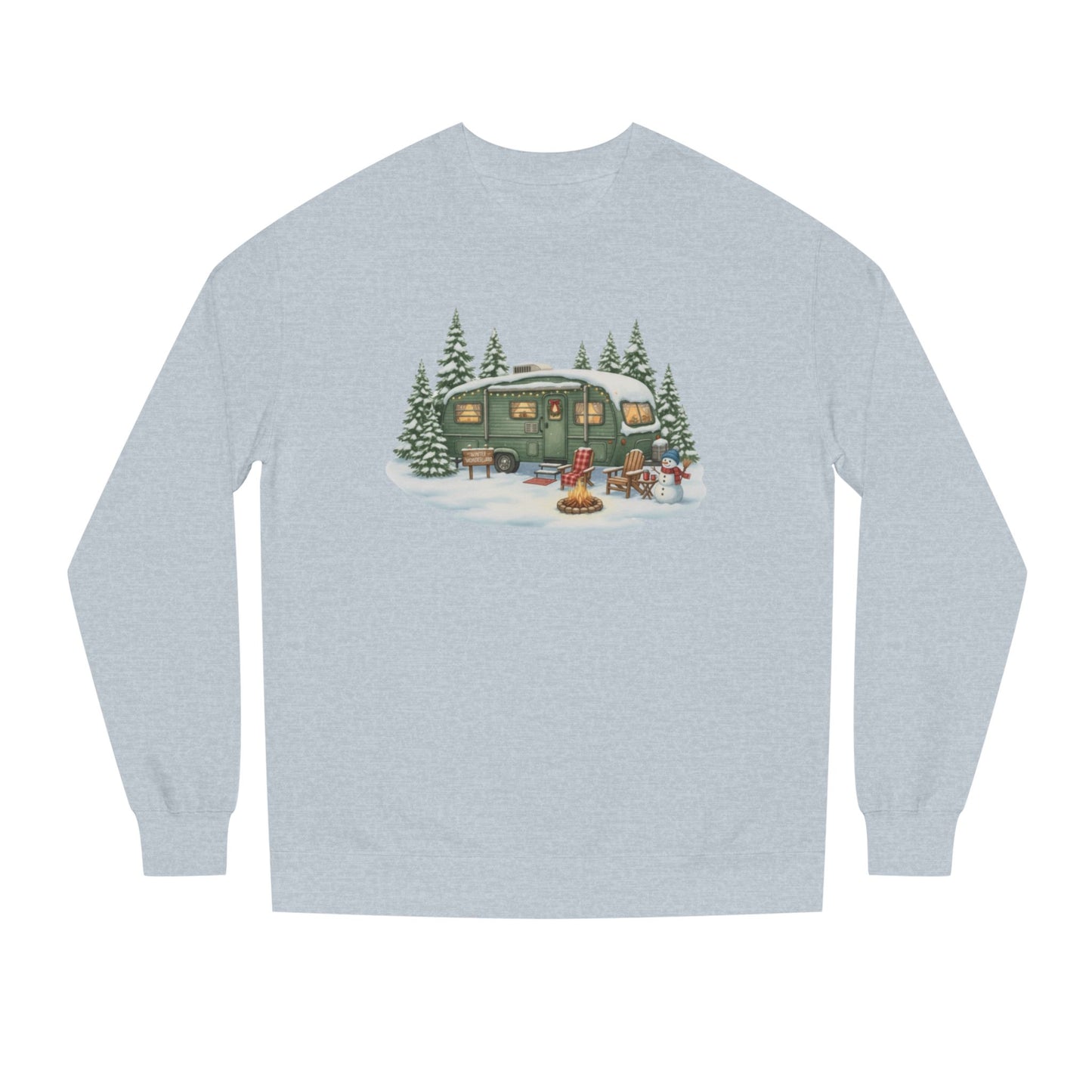 Cozy Winter Camper Sweatshirt — Vintage Trailer Campfire Holiday Crewneck