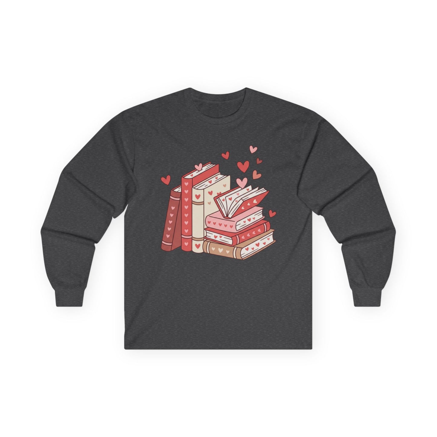 Book Lover Long Sleeve Tee — Cute Stacked Books with Hearts Graphic