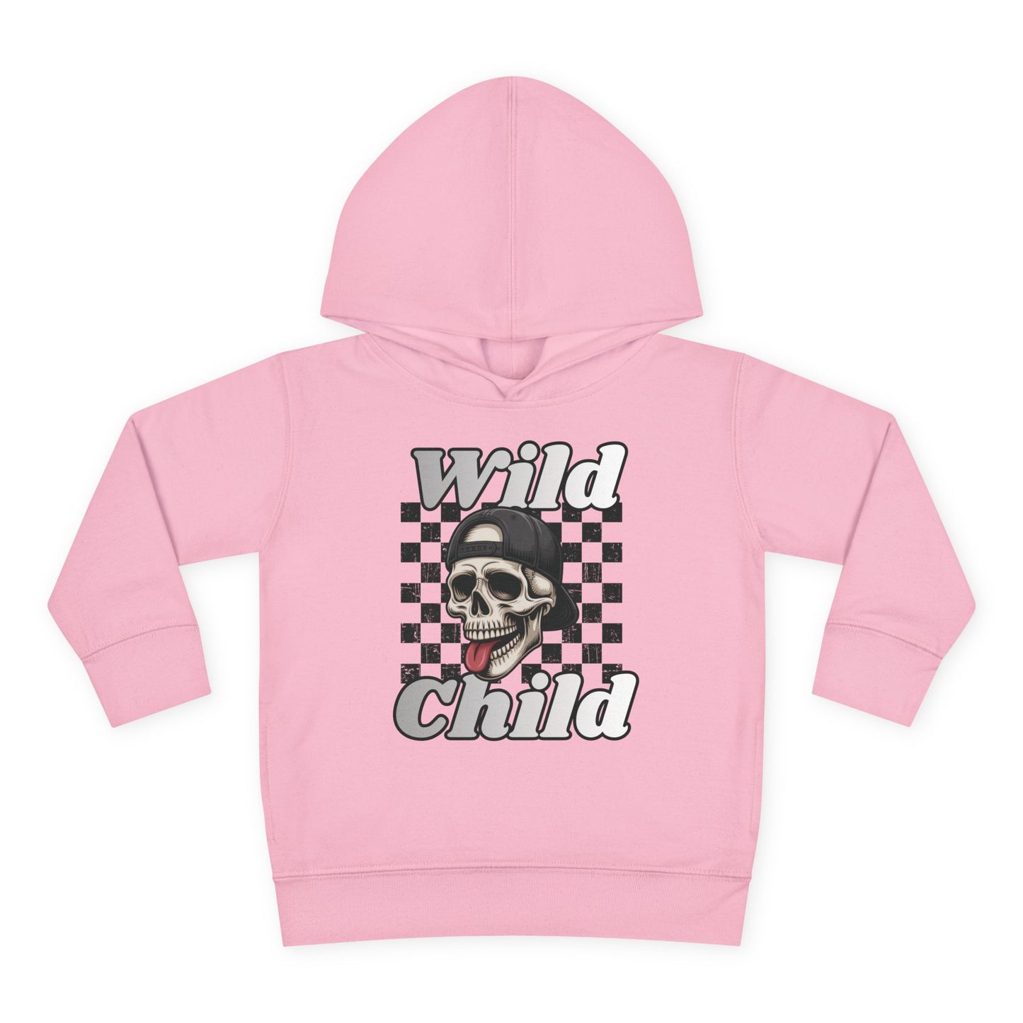Kids Pullover Fleece Hoodie - Toddler Wild Child Tongue-Out Skull and Checkerboard Design