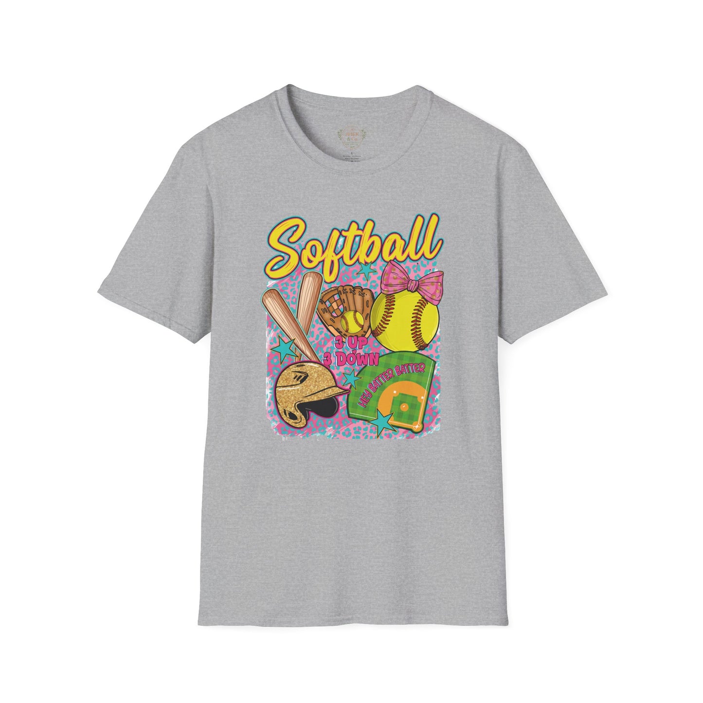 Softball Graphic T-Shirt — Cute Bat, Glove & Field Design