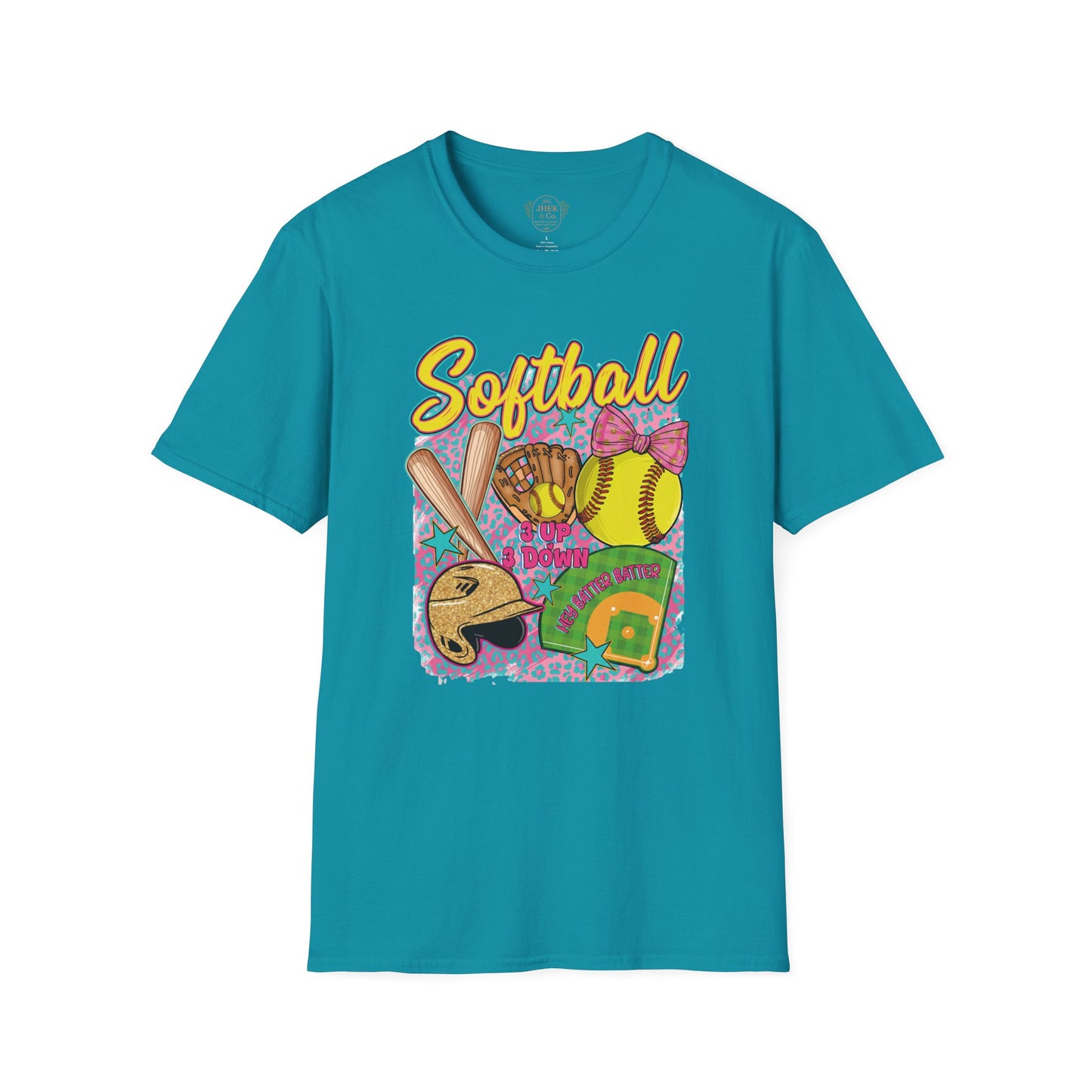Softball Graphic T-Shirt — Cute Bat, Glove & Field Design