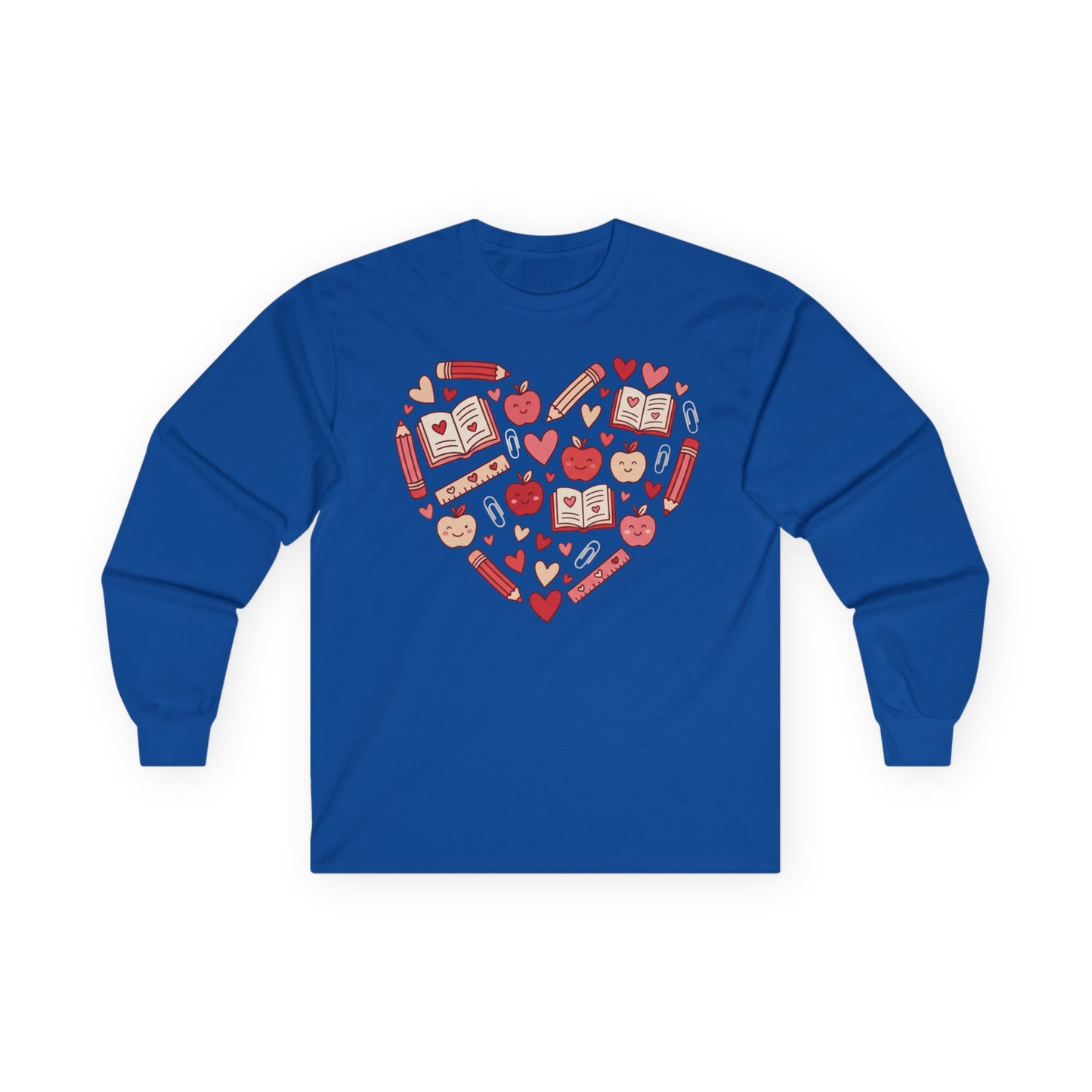 Teacher Heart Long Sleeve Tee — Cute School Icons Heart Design (Apples, Books, Pencils)