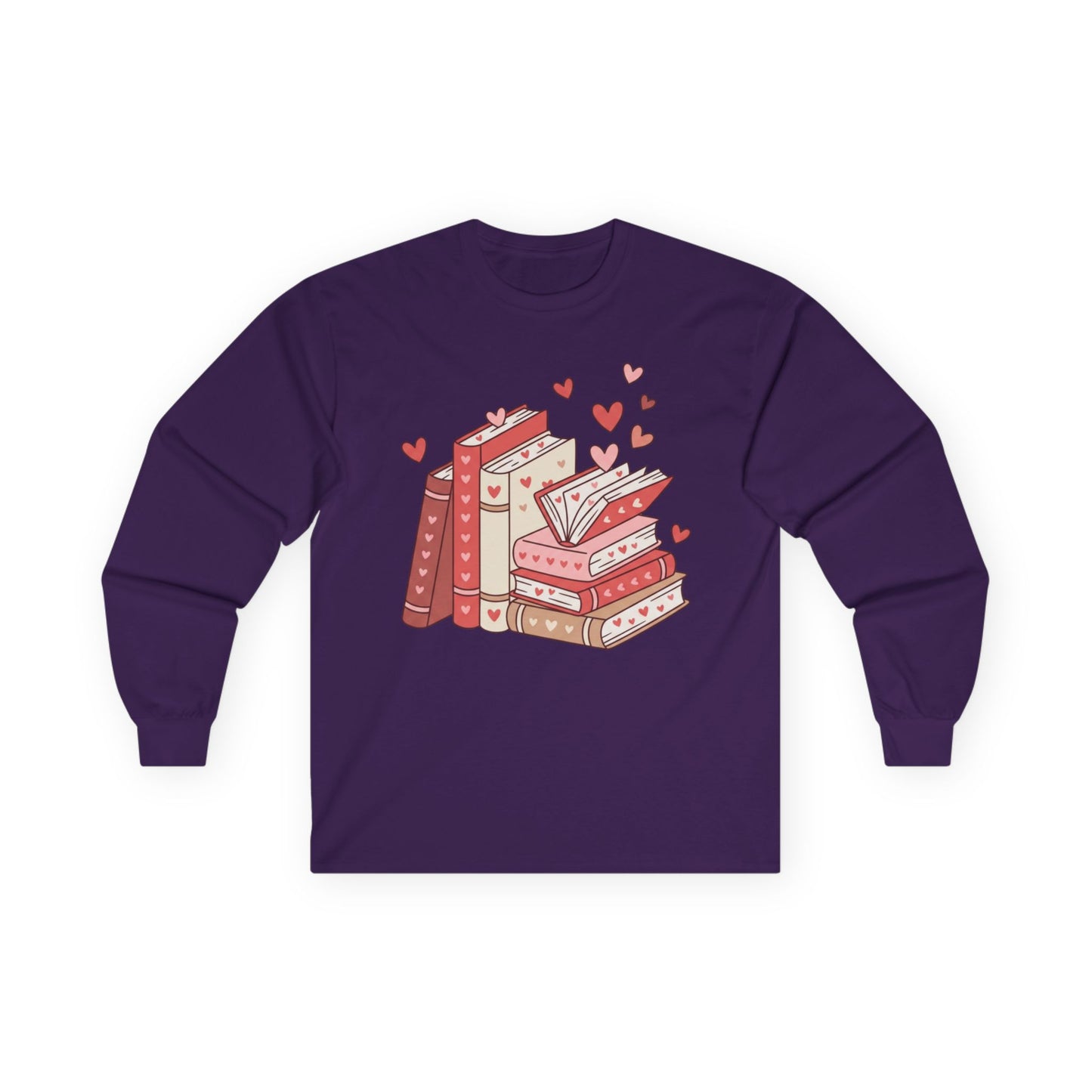 Book Lover Long Sleeve Tee — Cute Stacked Books with Hearts Graphic