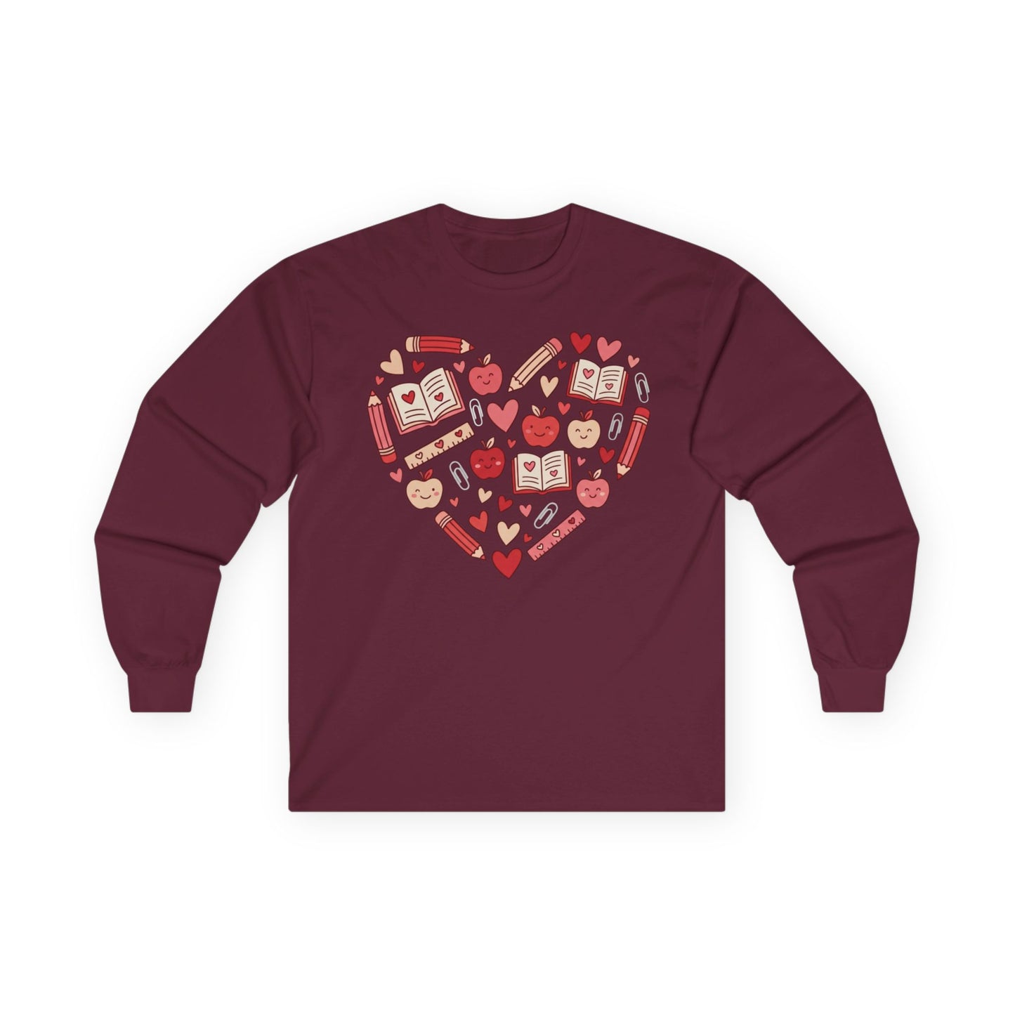 Teacher Heart Long Sleeve Tee — Cute School Icons Heart Design (Apples, Books, Pencils)