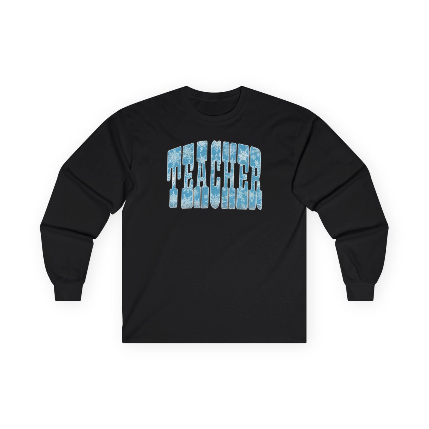 Long Sleeve Tee — "Teacher" Blue Snowflake Typography