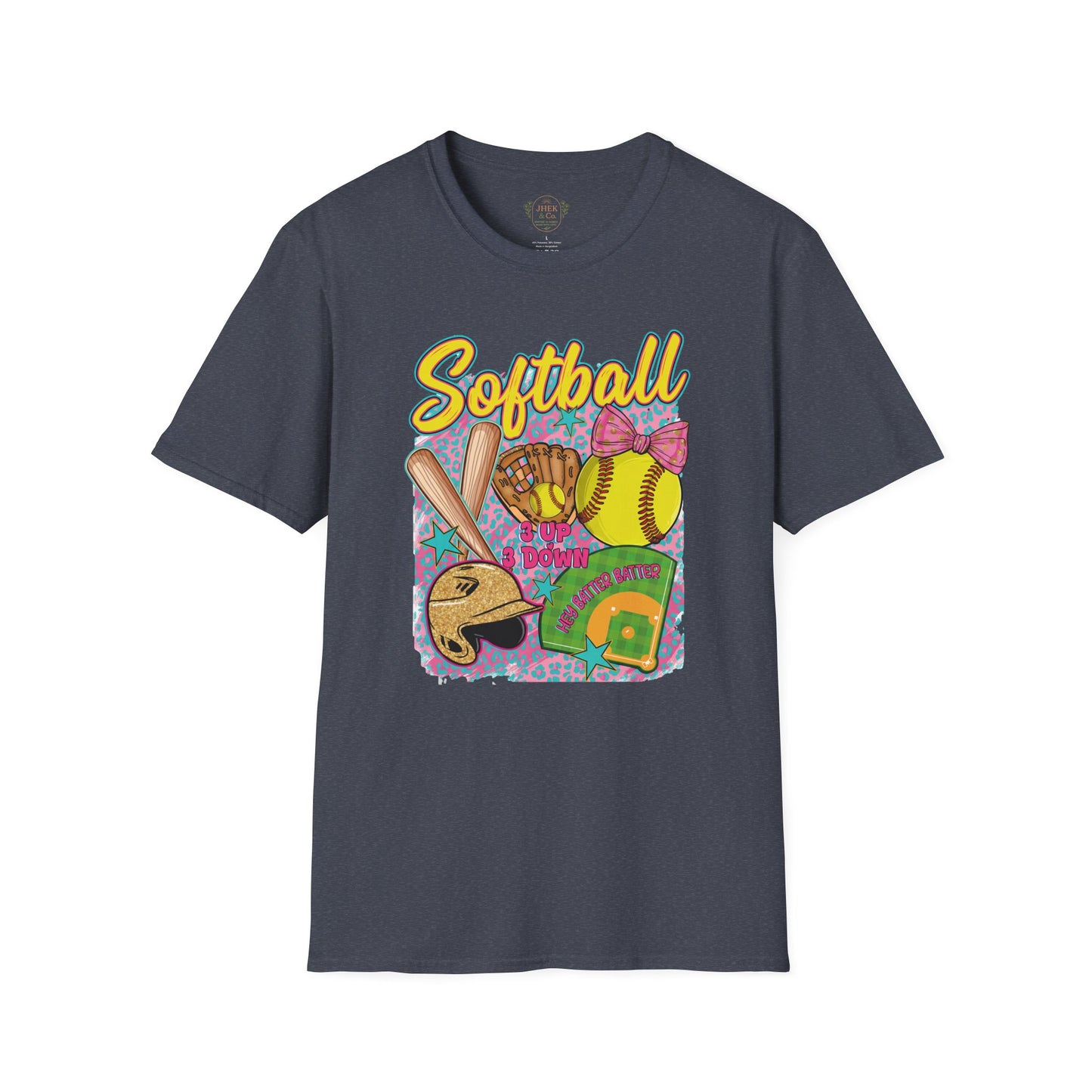 Softball Graphic T-Shirt — Cute Bat, Glove & Field Design
