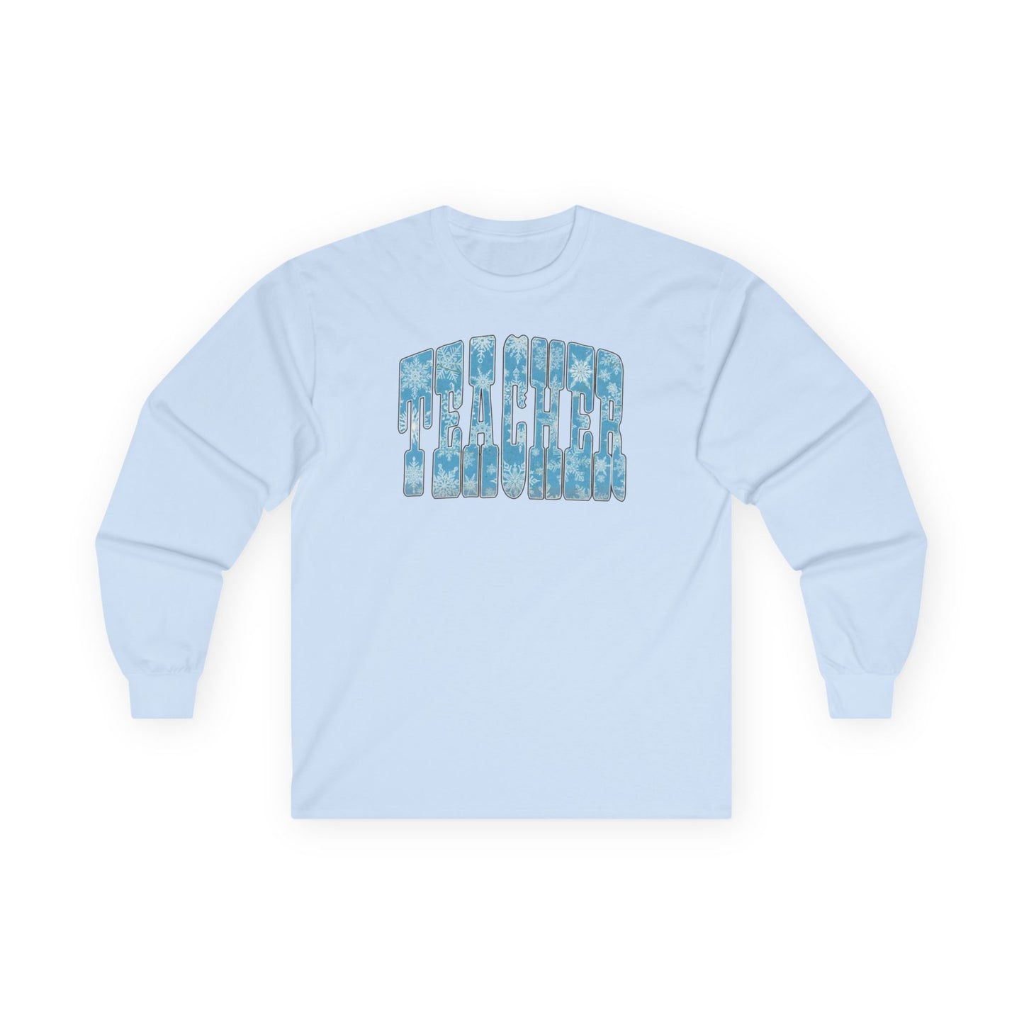 Long Sleeve Tee — "Teacher" Blue Snowflake Typography