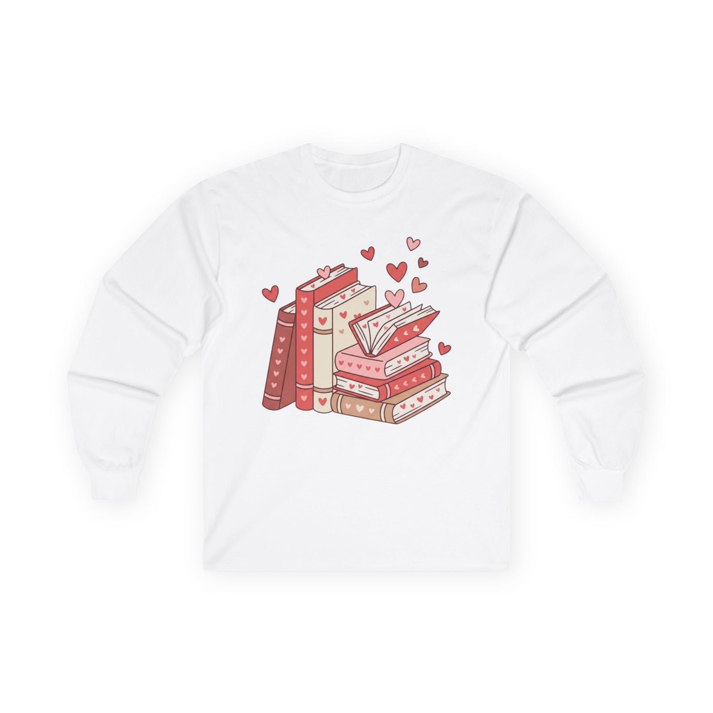 Book Lover Long Sleeve Tee — Cute Stacked Books with Hearts Graphic