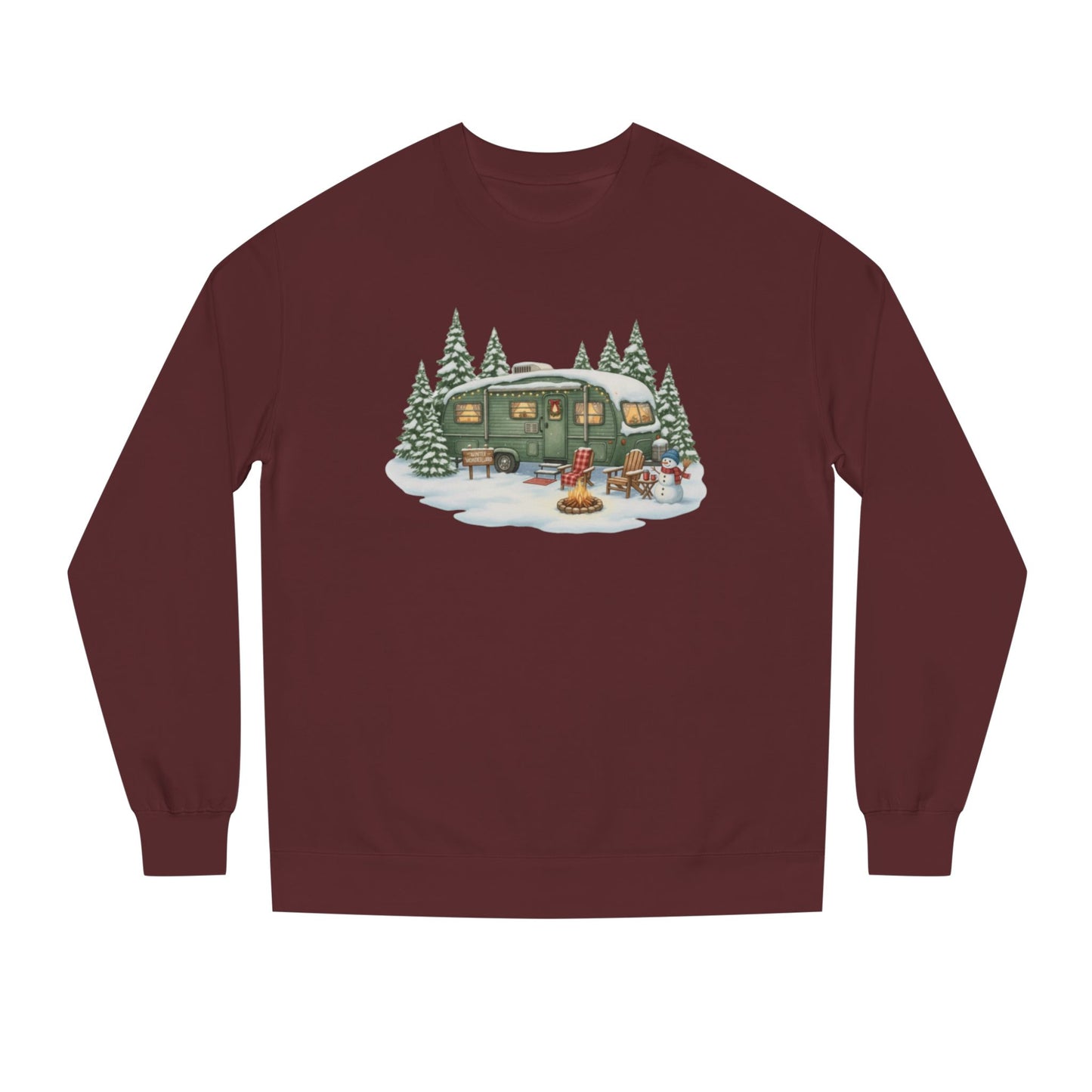 Cozy Winter Camper Sweatshirt — Vintage Trailer Campfire Holiday Crewneck