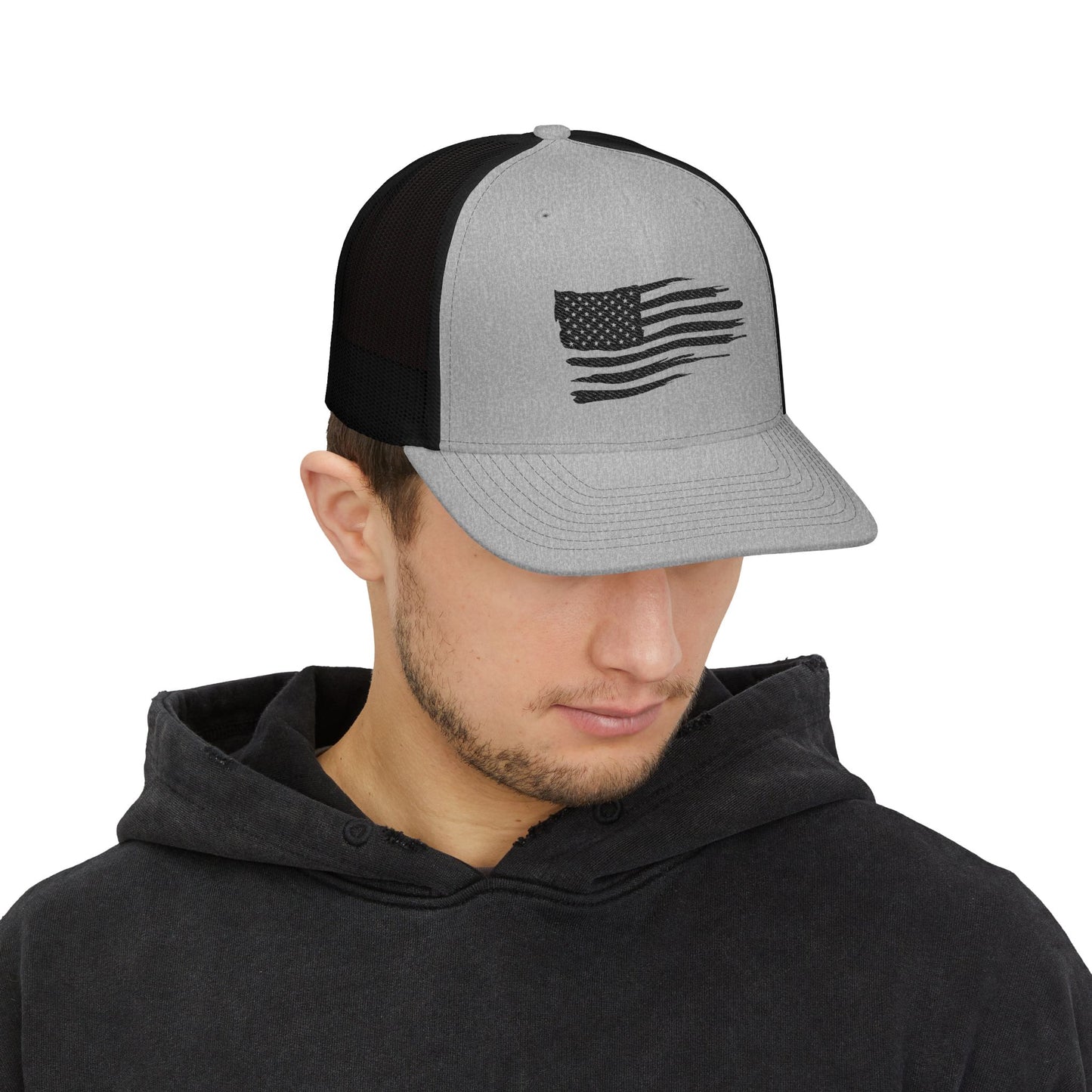 Distressed Black American Flag Embroidered Trucker Hat | Richardson 112