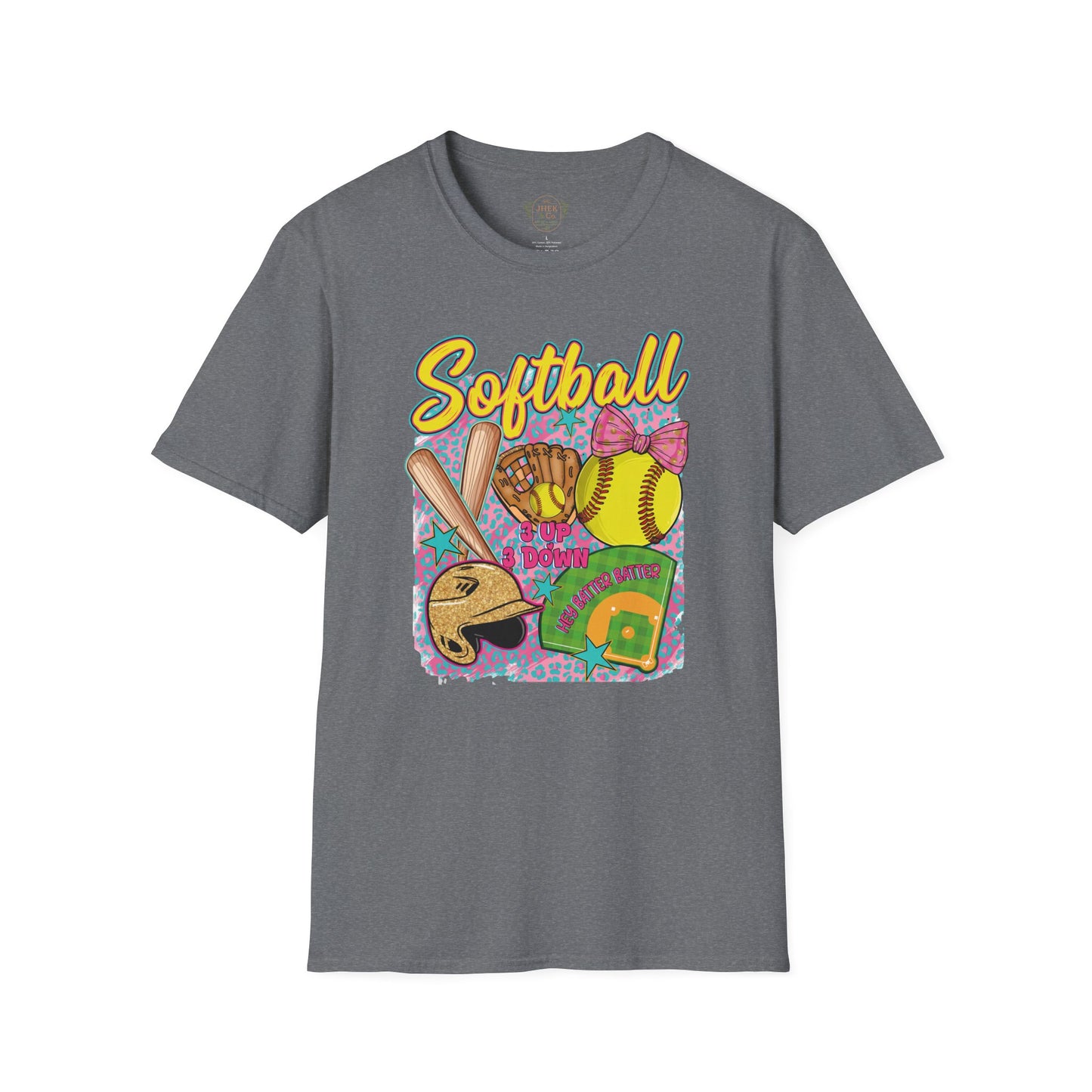 Softball Graphic T-Shirt — Cute Bat, Glove & Field Design