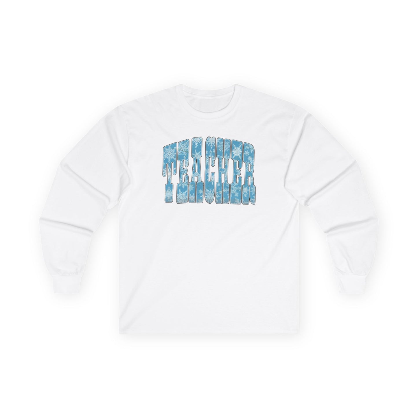 Long Sleeve Tee — "Teacher" Blue Snowflake Typography