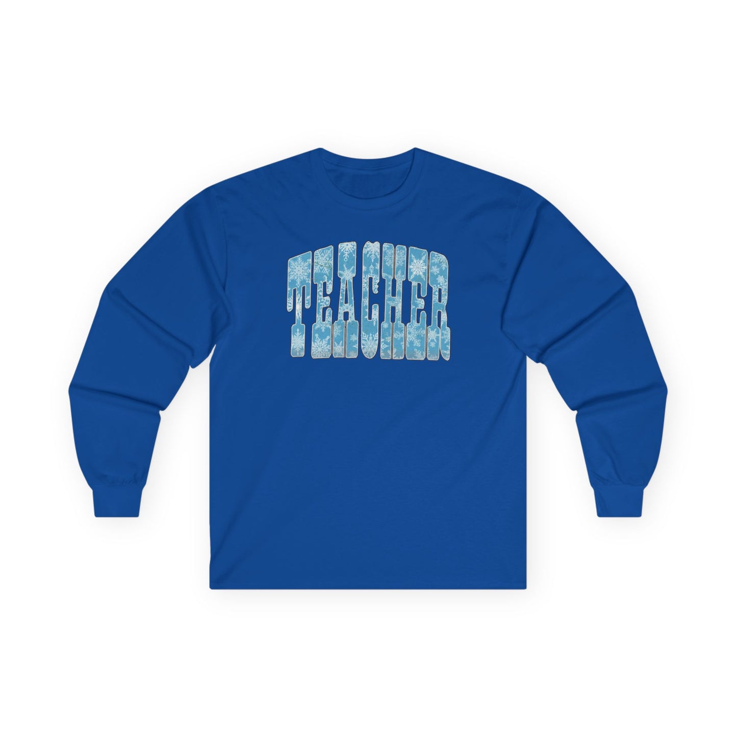 Long Sleeve Tee — "Teacher" Blue Snowflake Typography
