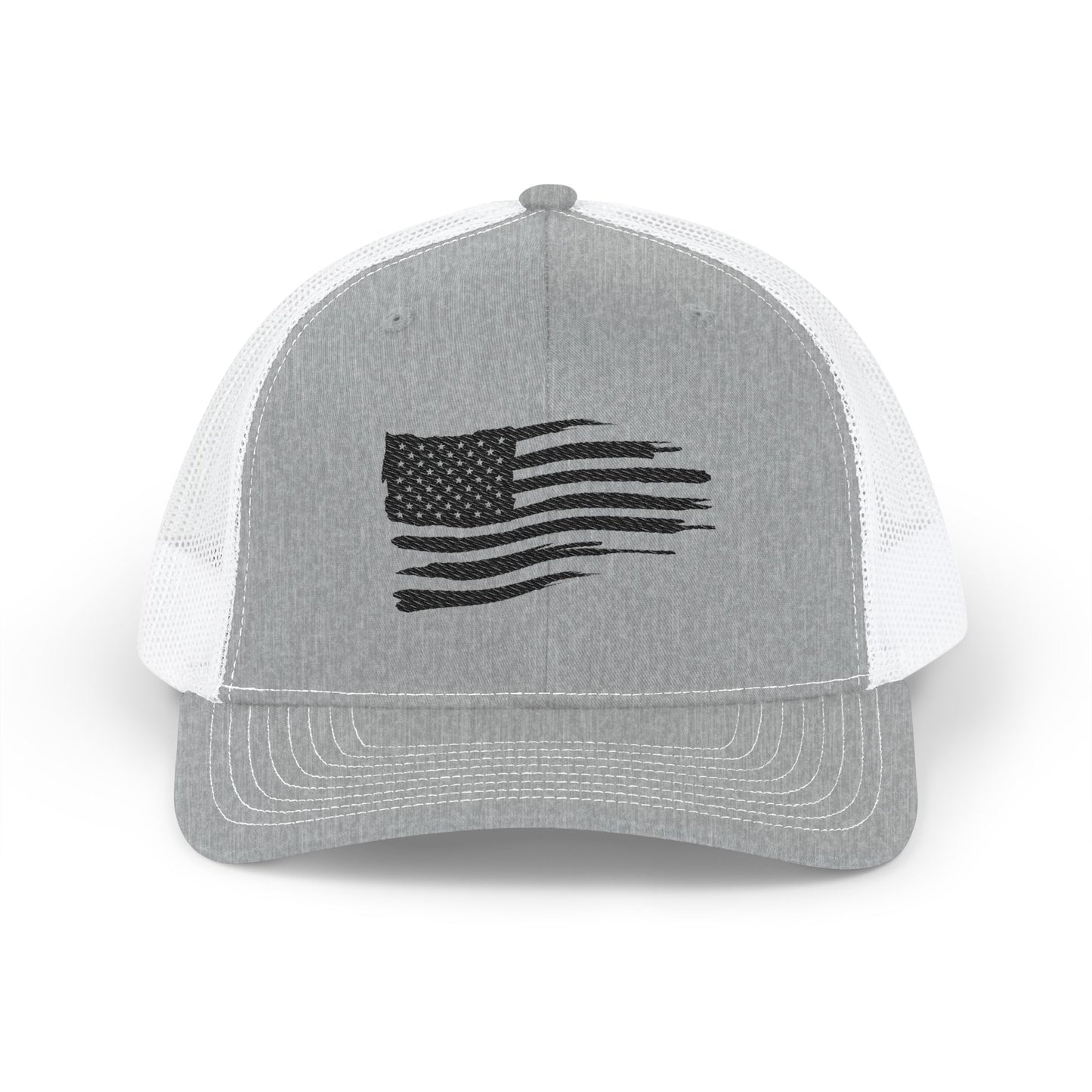 Distressed Black American Flag Embroidered Trucker Hat | Richardson 112