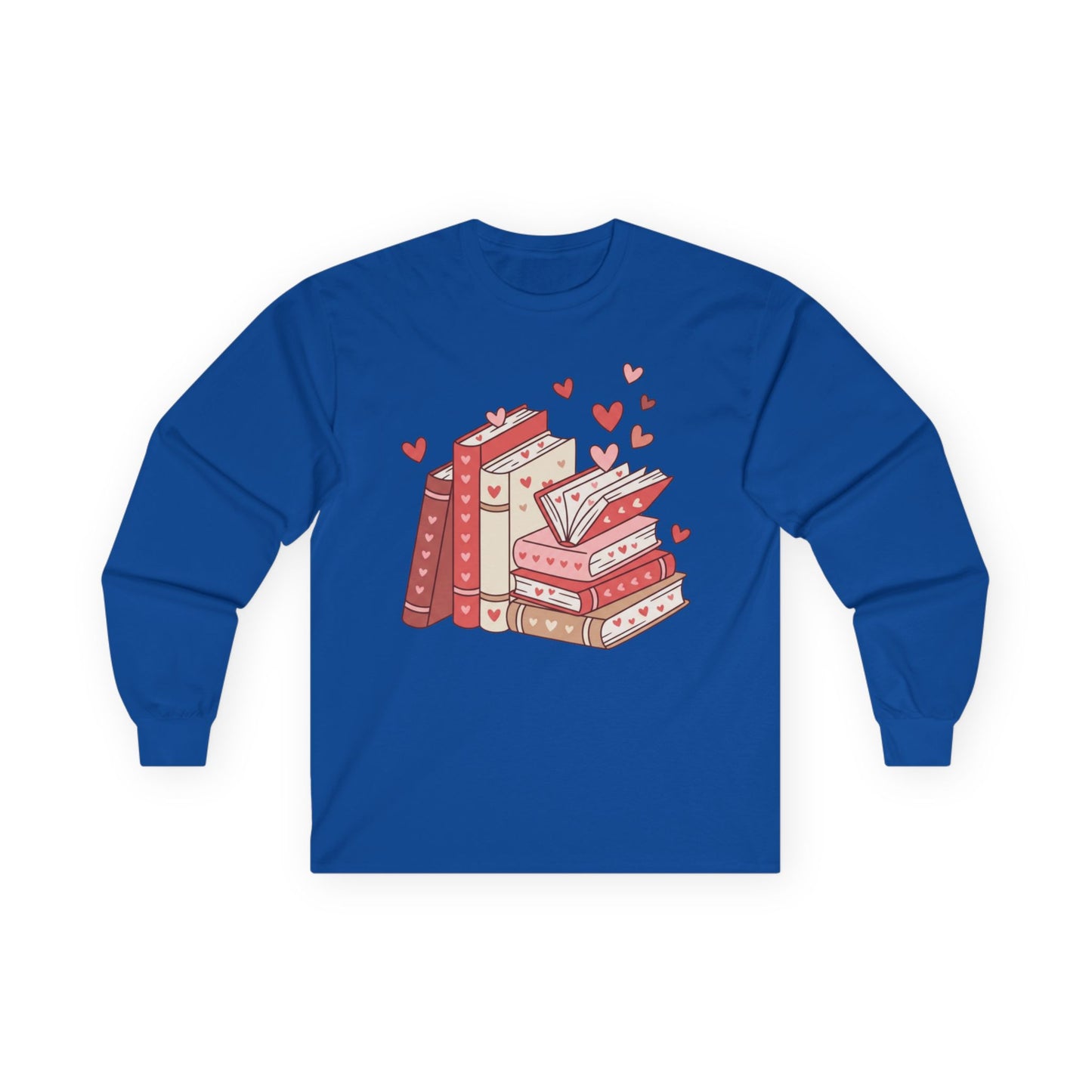 Book Lover Long Sleeve Tee — Cute Stacked Books with Hearts Graphic