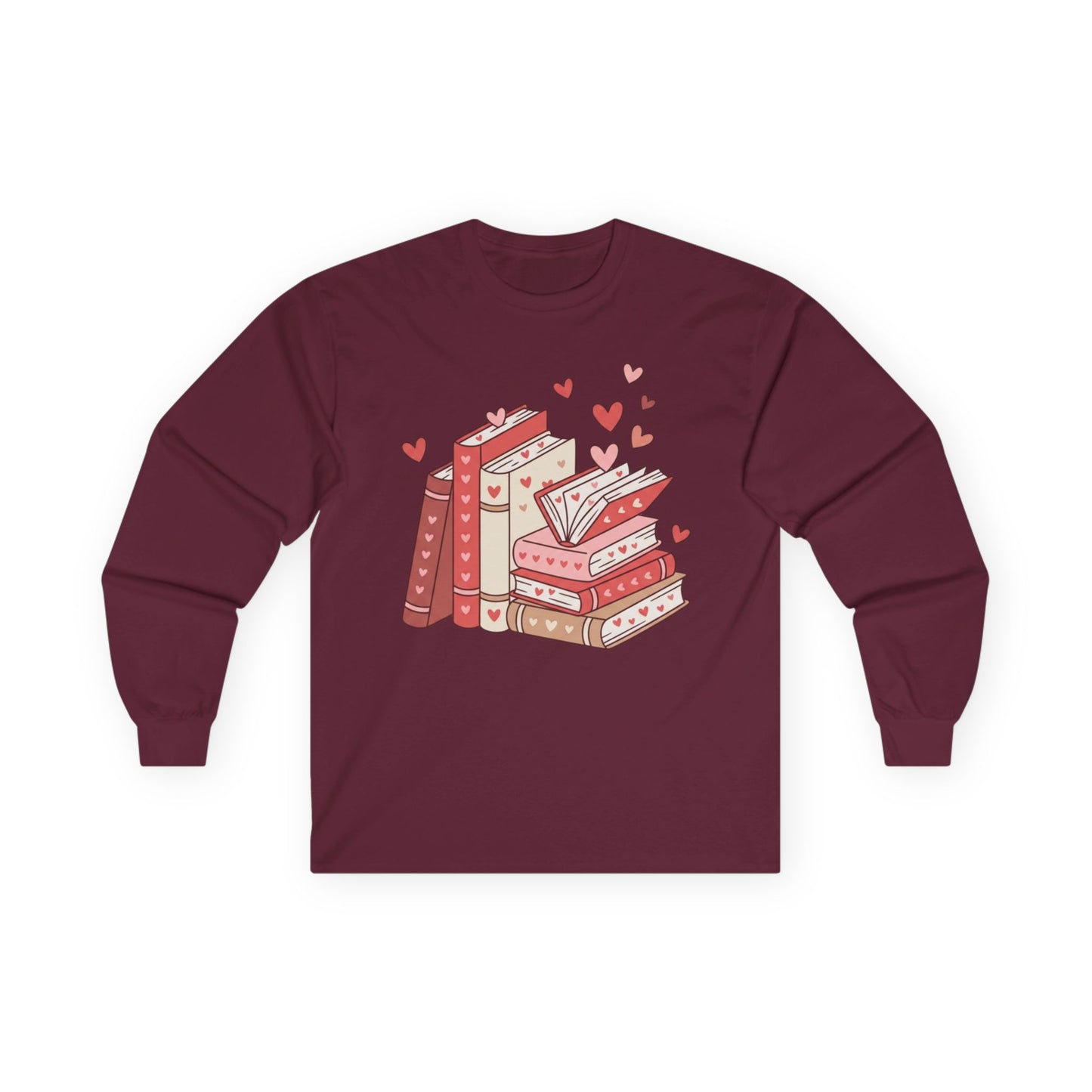Book Lover Long Sleeve Tee — Cute Stacked Books with Hearts Graphic