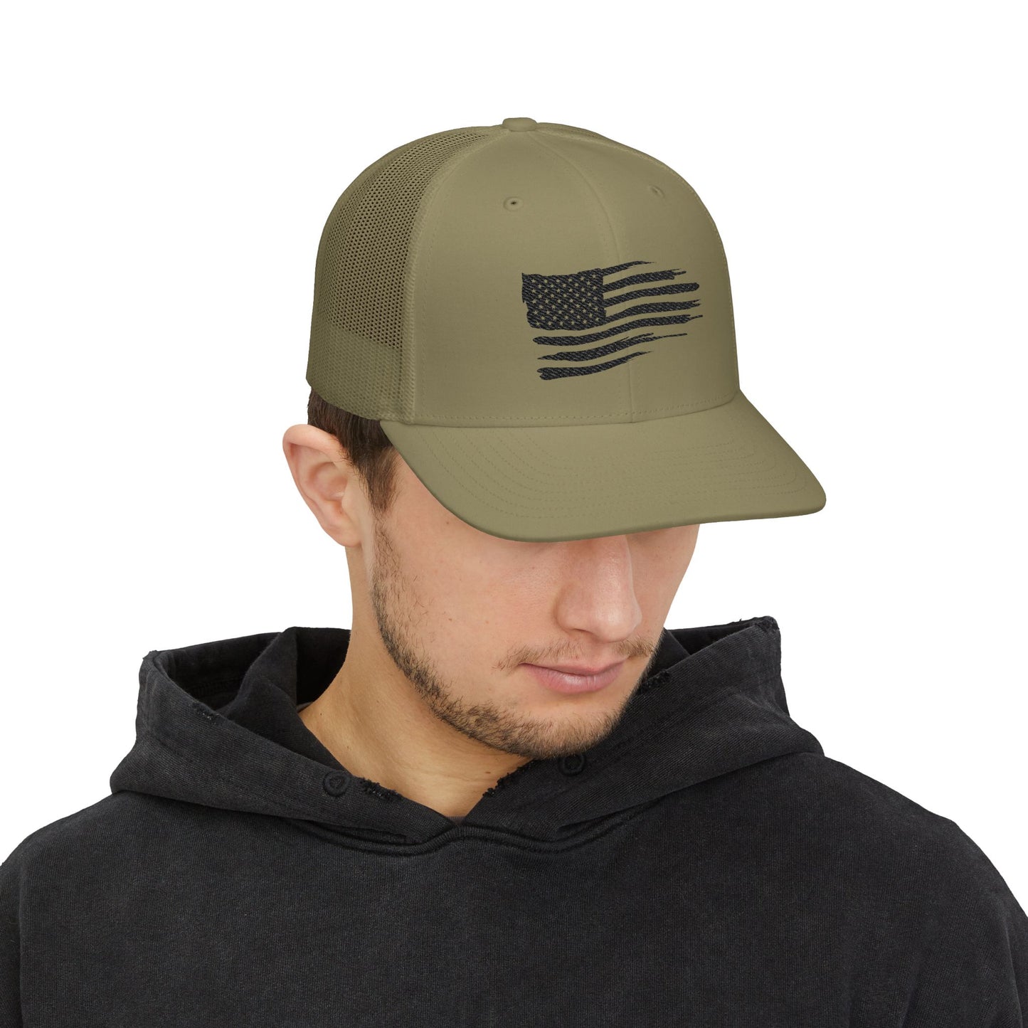 Distressed Black American Flag Embroidered Trucker Hat | Richardson 112