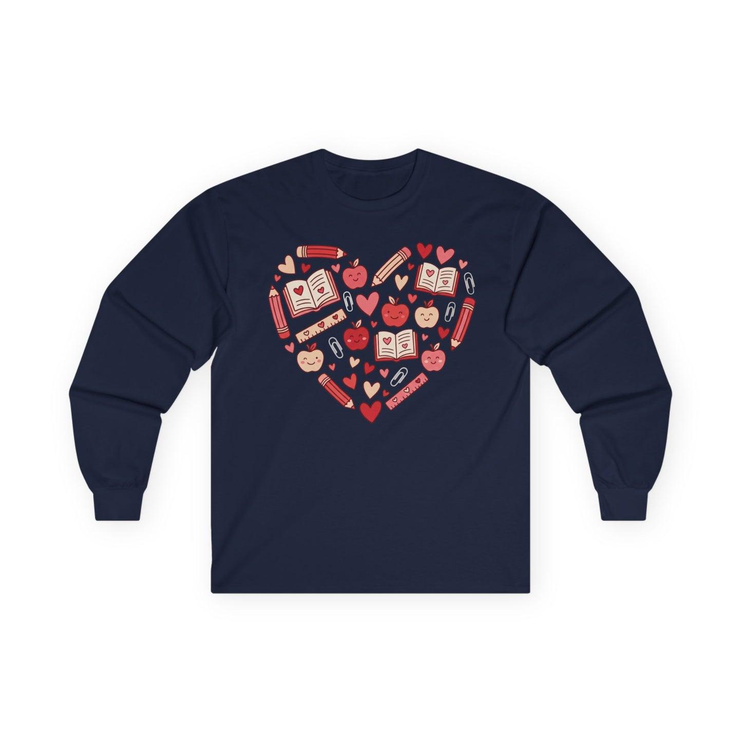 Teacher Heart Long Sleeve Tee — Cute School Icons Heart Design (Apples, Books, Pencils)