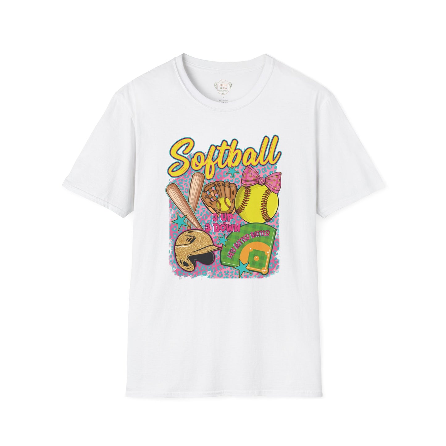 Softball Graphic T-Shirt — Cute Bat, Glove & Field Design