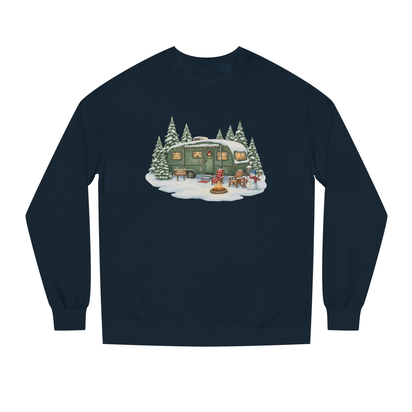 Cozy Winter Camper Sweatshirt — Vintage Trailer Campfire Holiday Crewneck