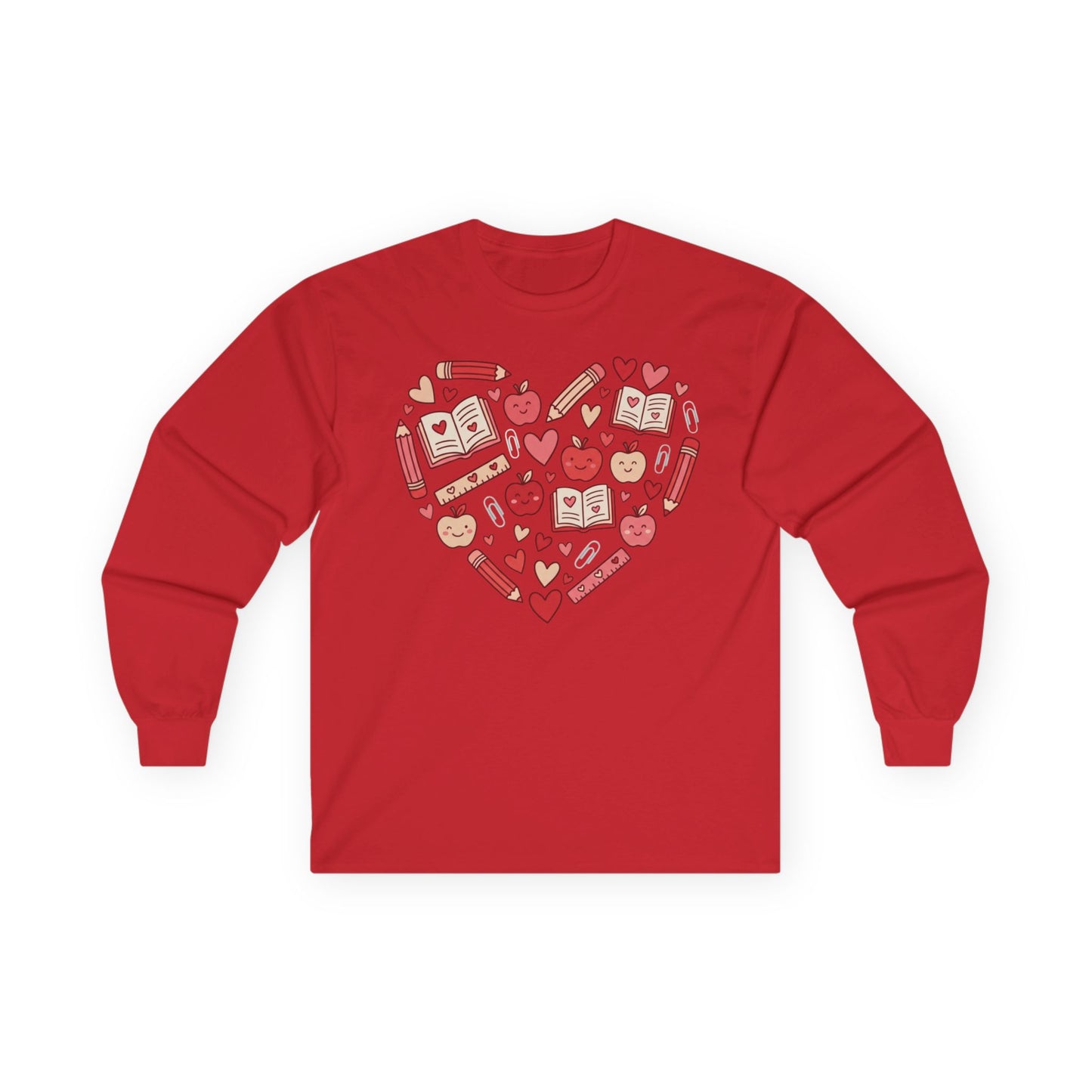 Teacher Heart Long Sleeve Tee — Cute School Icons Heart Design (Apples, Books, Pencils)