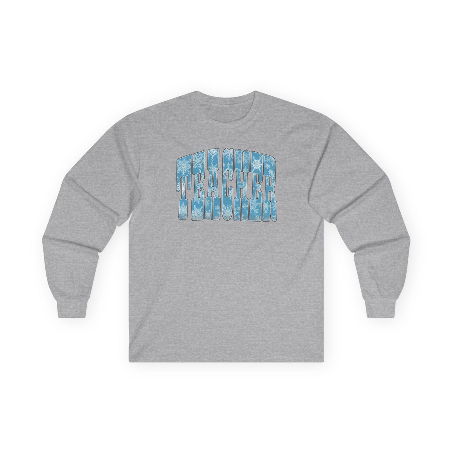 Long Sleeve Tee — "Teacher" Blue Snowflake Typography