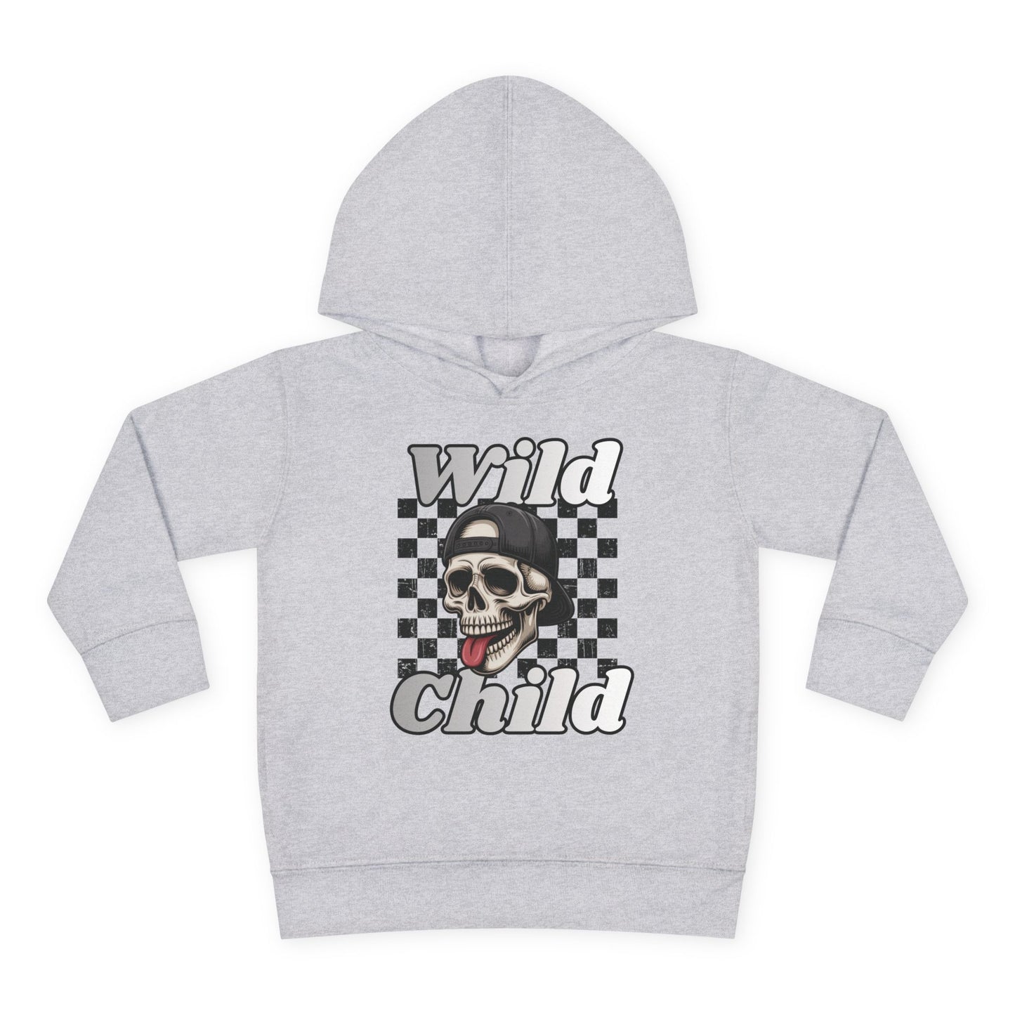 Kids Pullover Fleece Hoodie - Toddler Wild Child Tongue-Out Skull and Checkerboard Design