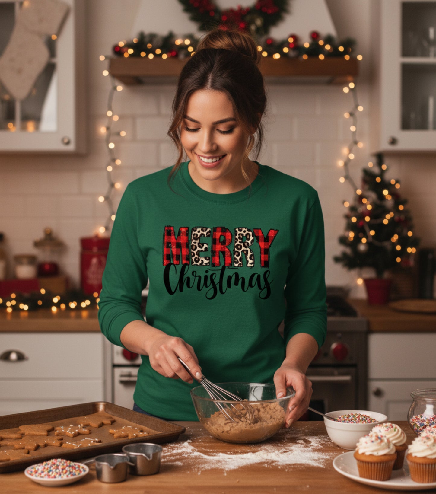 Merry Christmas Plaid & Leopard Long Sleeve Tee