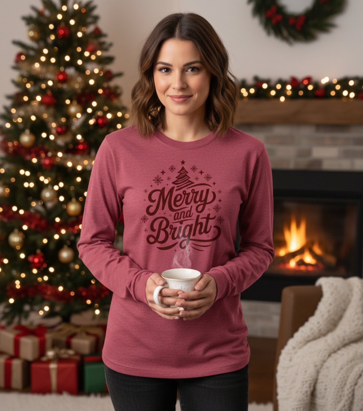 Merry and Bright Holiday Long Sleeve Comfort Colors Tee