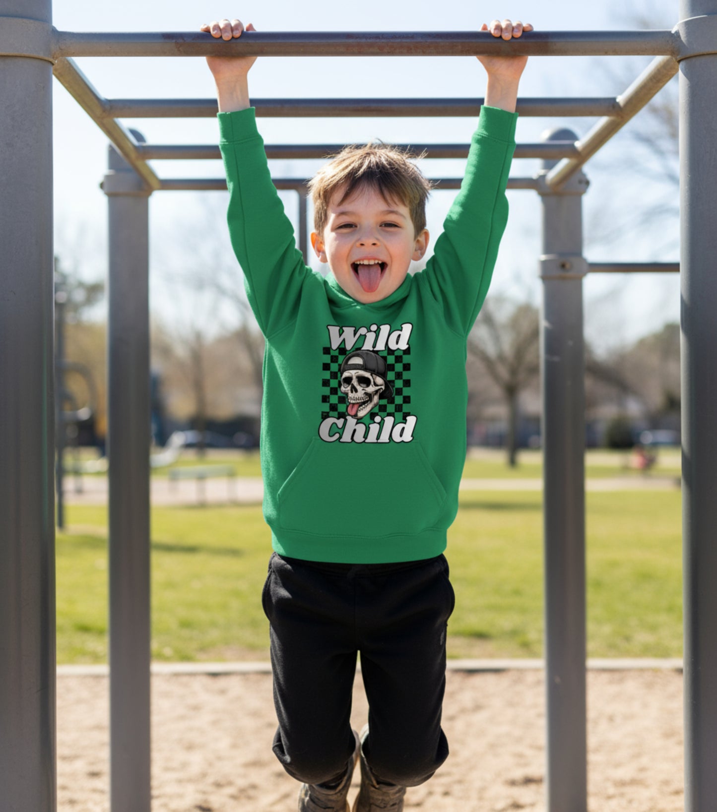 Kids Pullover Fleece Hoodie - Toddler Wild Child Tongue-Out Skull and Checkerboard Design
