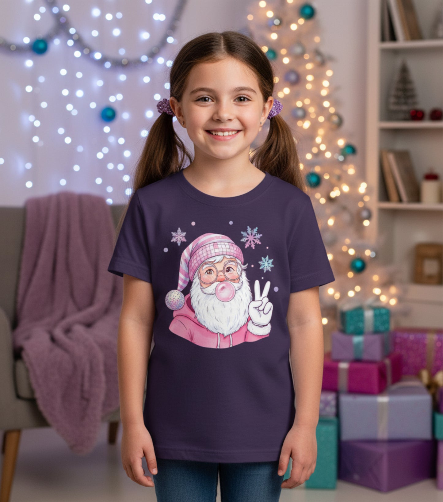 Pink Santa Peace Sign Christmas Shirt for Girls