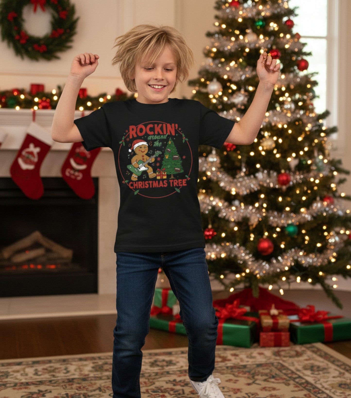 "Rockin' Around the Christmas Tree" Gingerbread Guitar Holiday Kid's Graphic Tee
