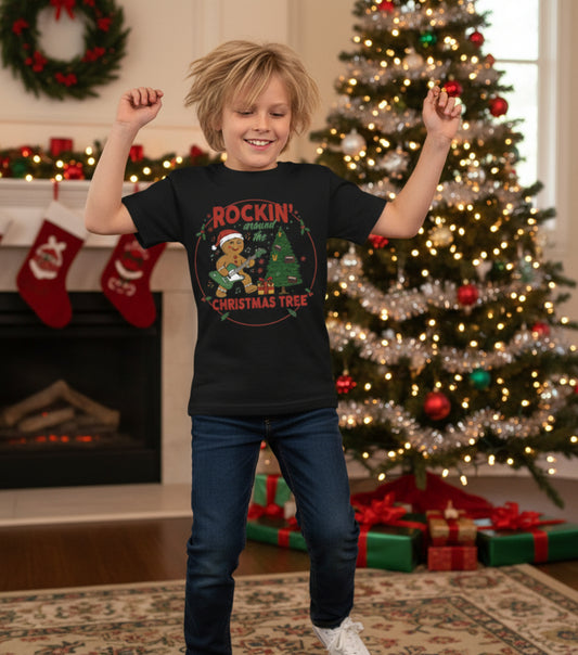 "Rockin' Around the Christmas Tree" Gingerbread Guitar Holiday Kid's Graphic Tee