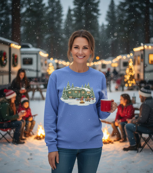 Cozy Winter Camper Sweatshirt — Vintage Trailer Campfire Holiday Crewneck