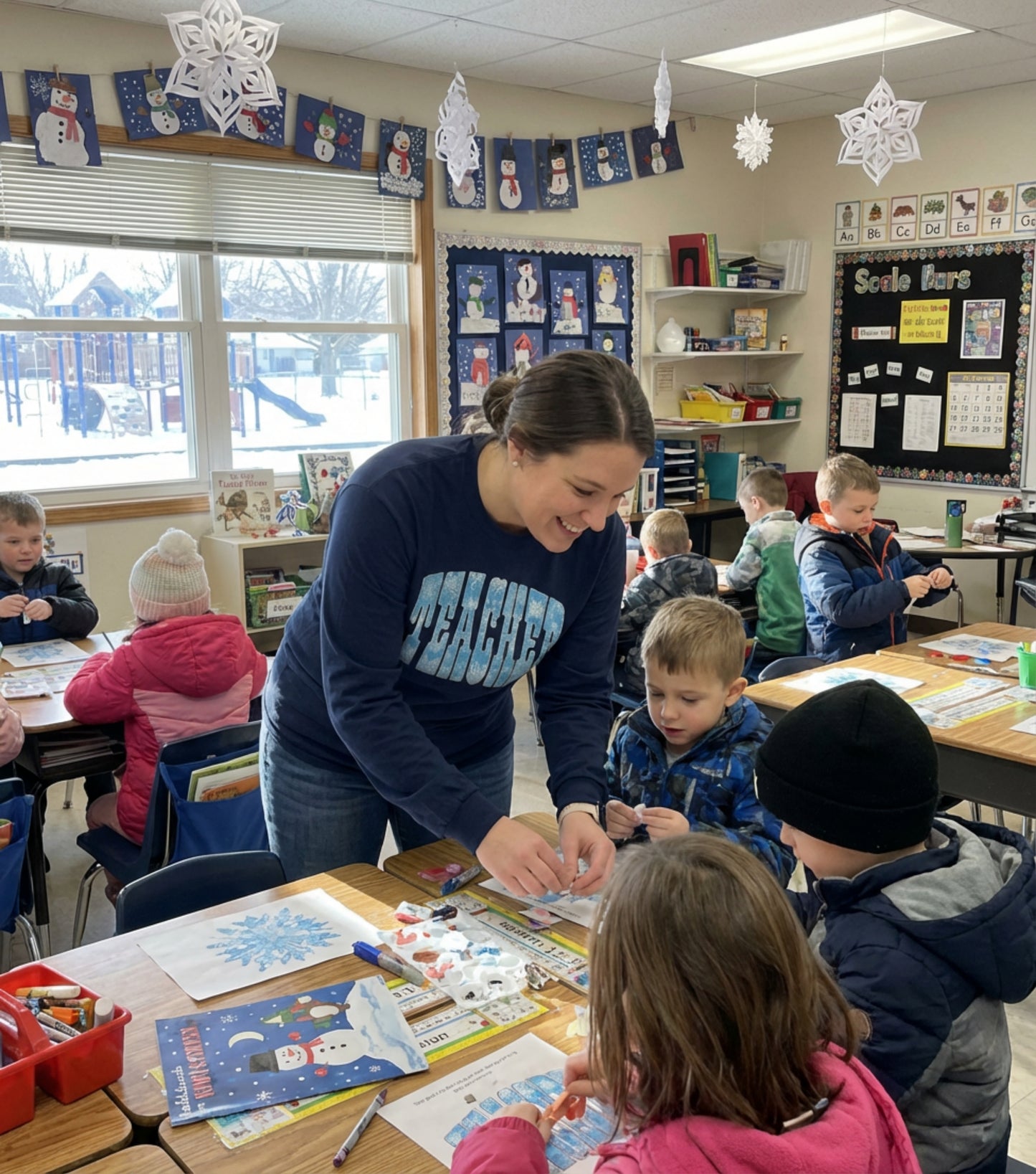 Long Sleeve Tee — "Teacher" Blue Snowflake Typography