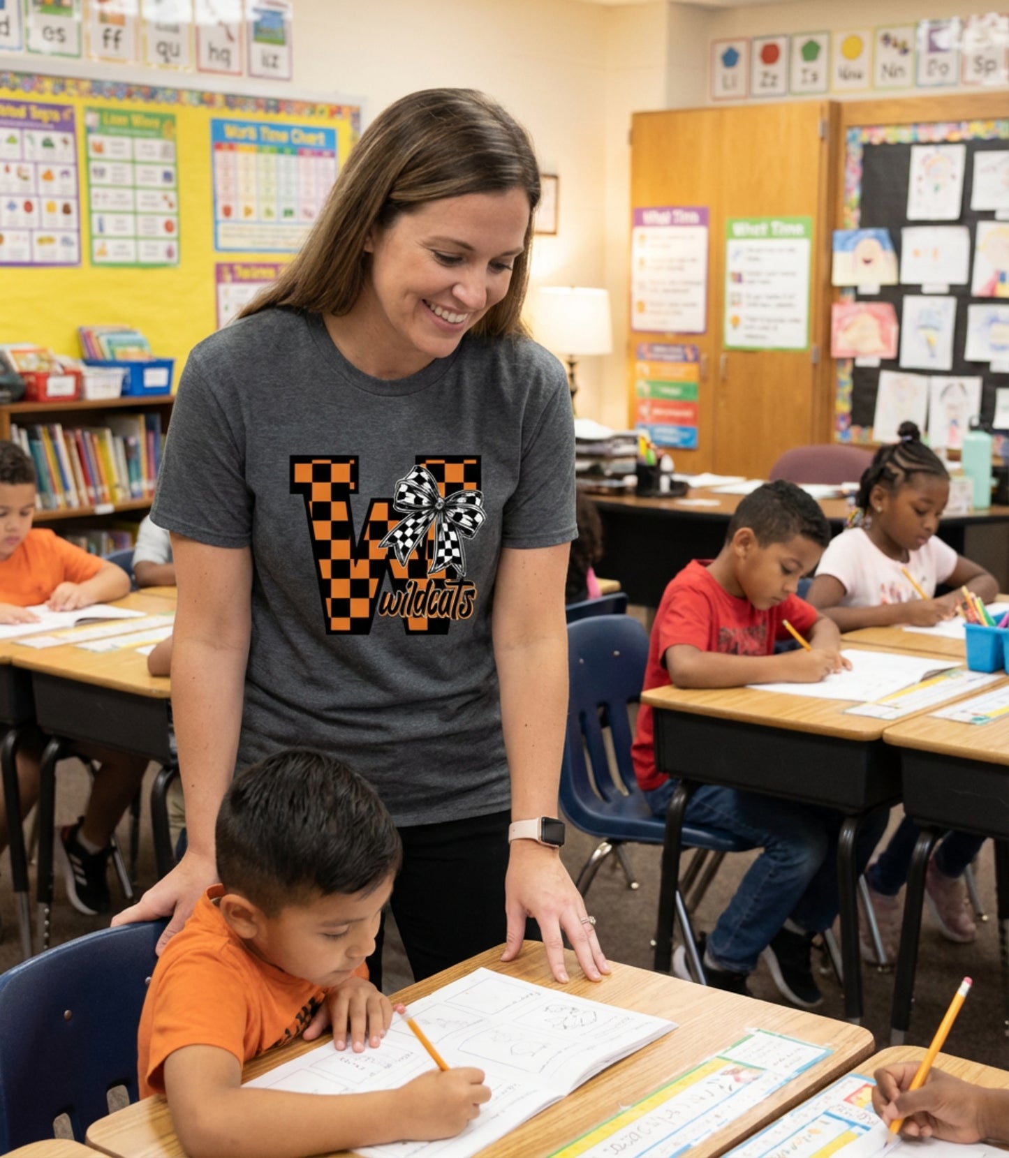 Checkered 'W Wildcats' School Spirit Tee (Orange & Black)