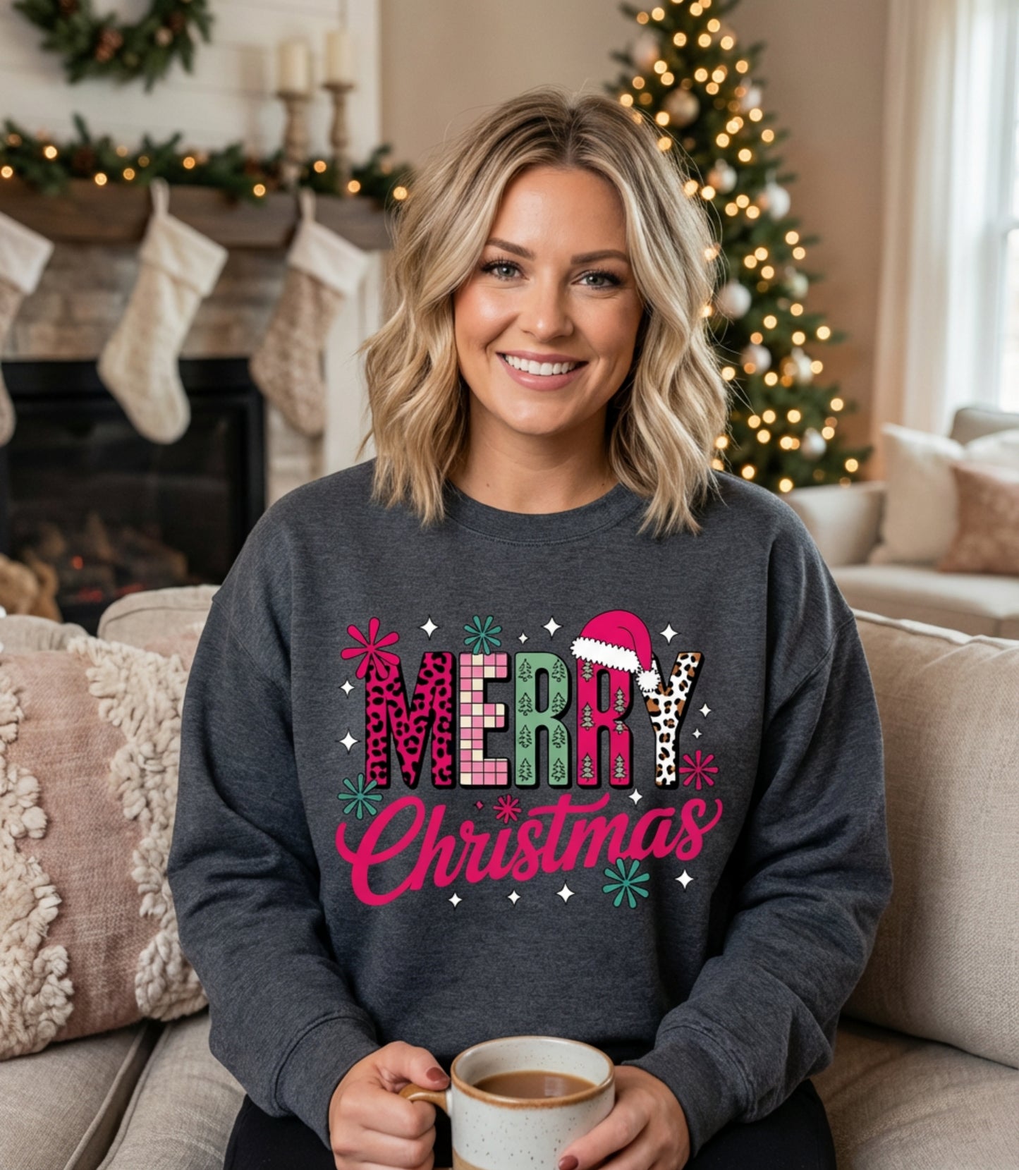 Sweatshirt — Merry Christmas Pink Leopard Santa Hat Holiday Crewneck